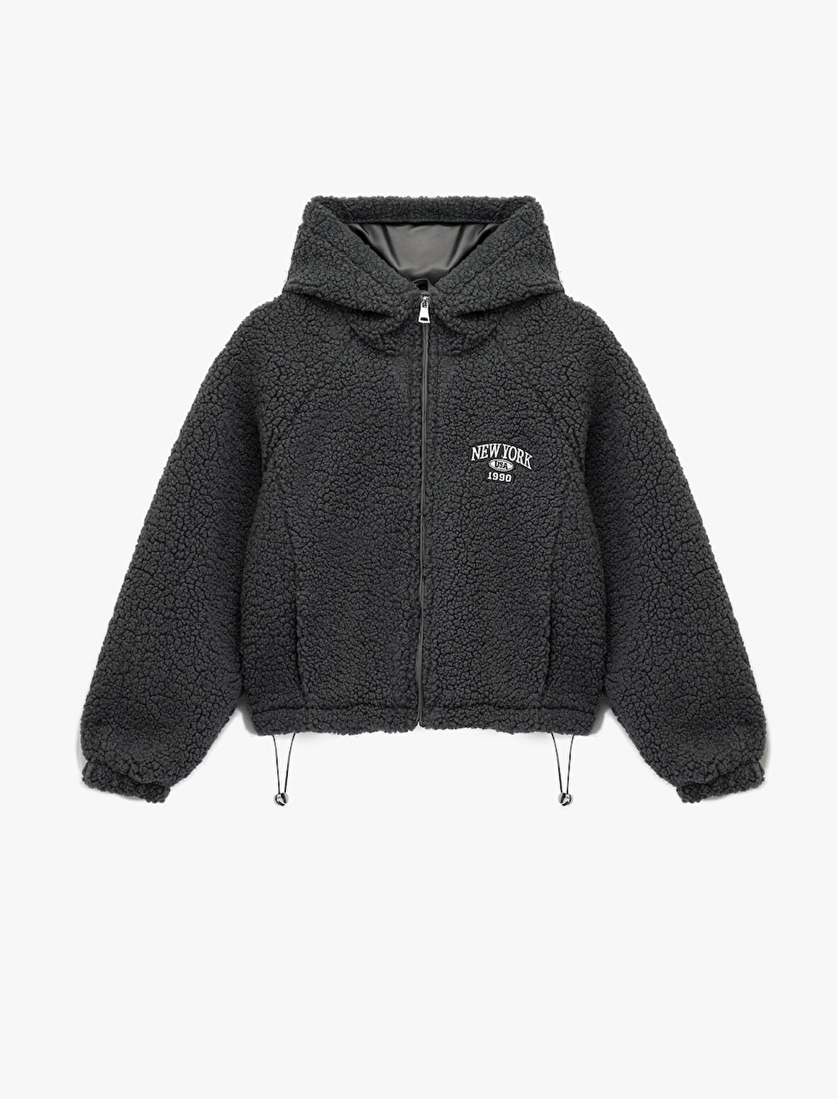 Oversize Kapüşonlu Nakışlı Fermuarlı Peluş Ceket