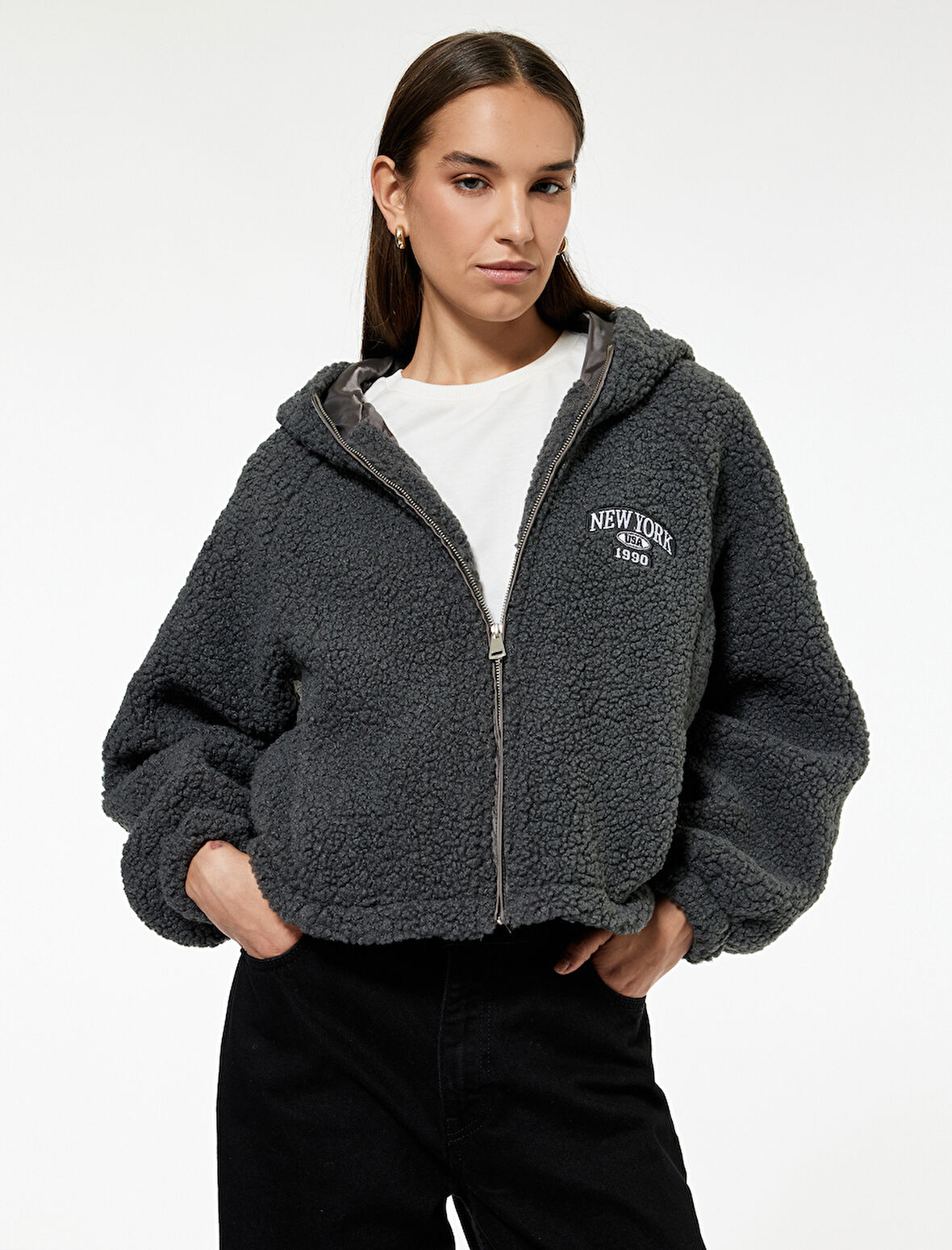 Oversize Kapüşonlu Nakışlı Fermuarlı Peluş Ceket