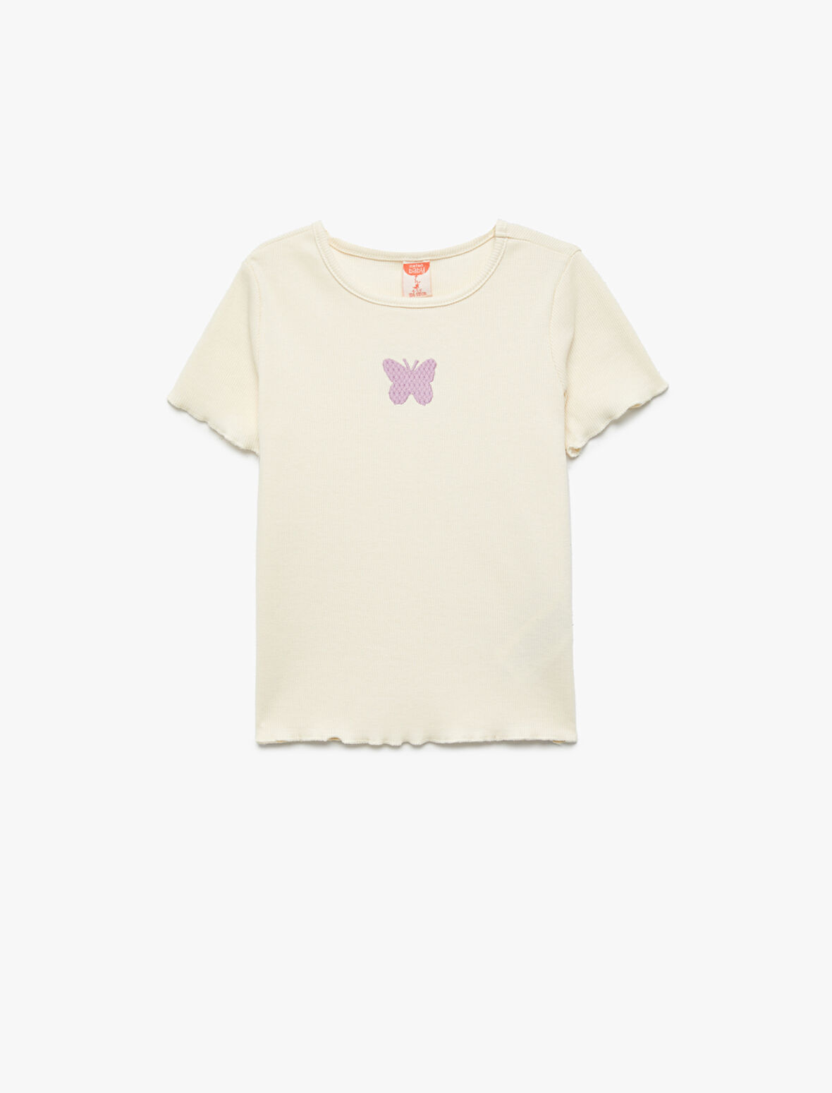 Kelebek Nakışlı Pamuklu Kısa Kollu Bisiklet Yaka Tişört