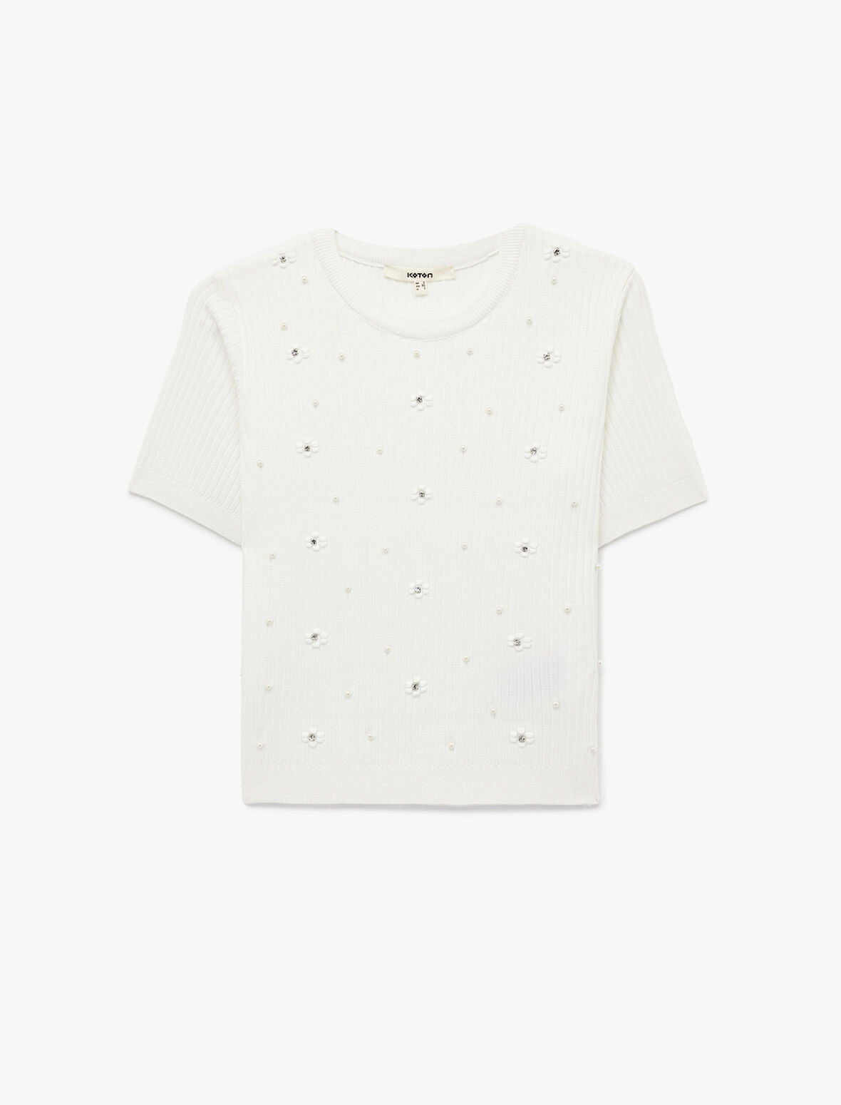 İnci İşlemeli Kısa Kollu Bisiklet Yaka Taşlı Triko Kazak