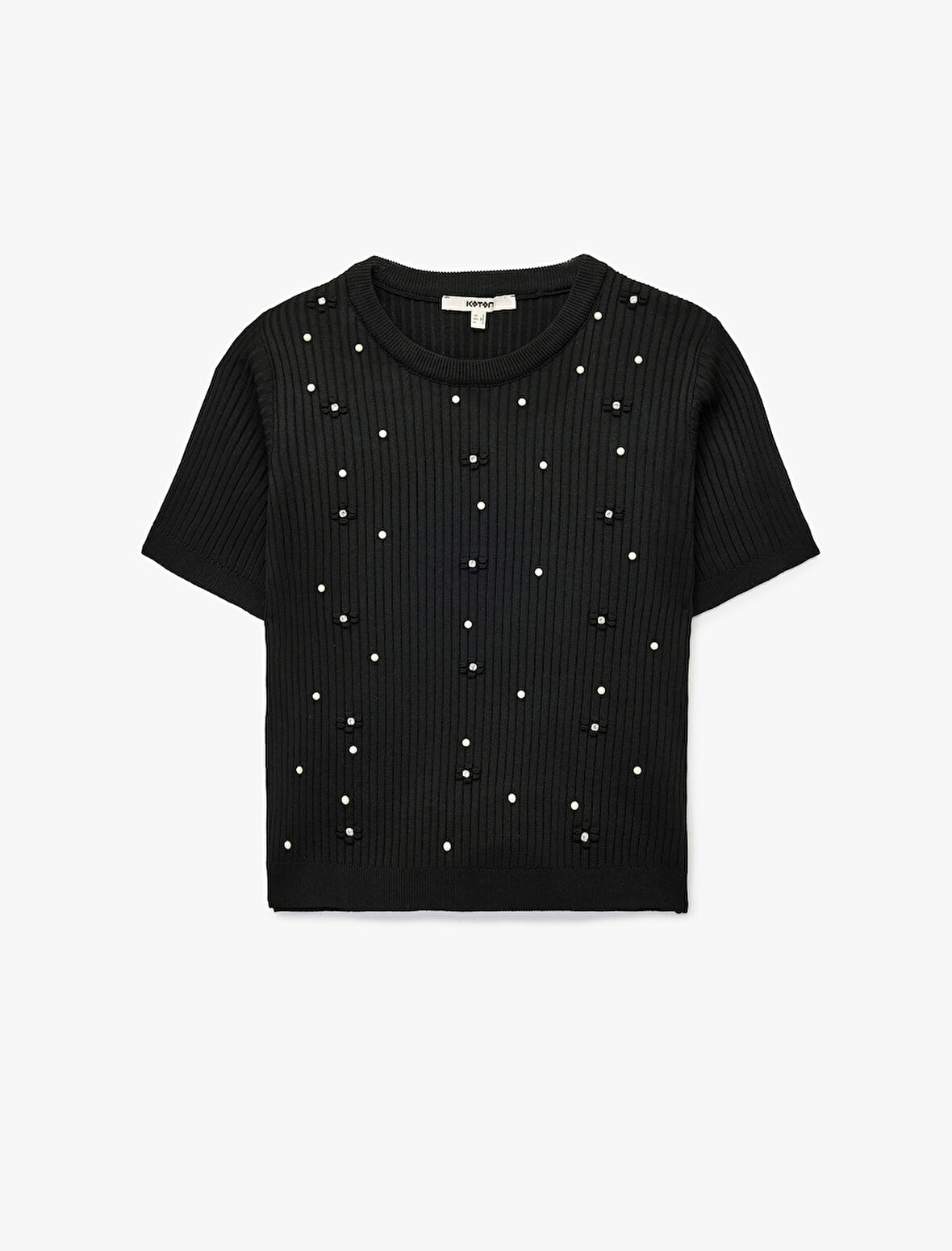 İnci İşlemeli Kısa Kollu Bisiklet Yaka Taşlı Triko Kazak