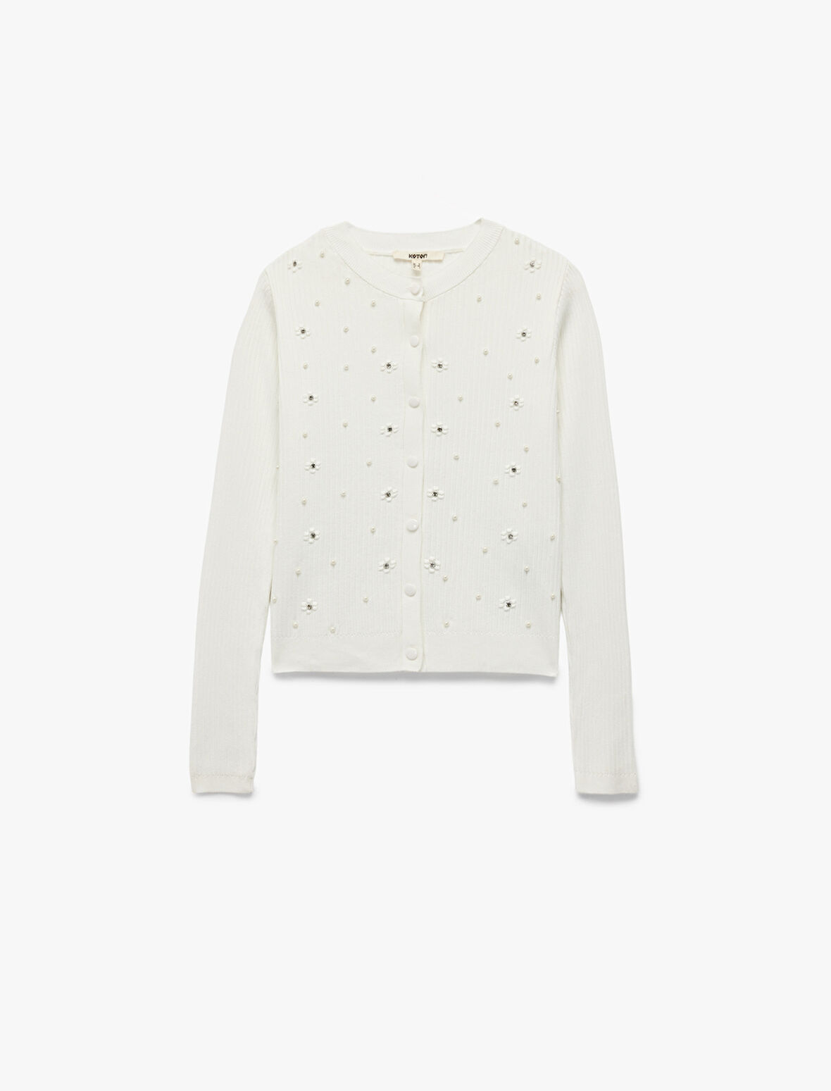 Düğmeli Uzun Kollu Bisiklet Yaka Taşlı Triko Hırka