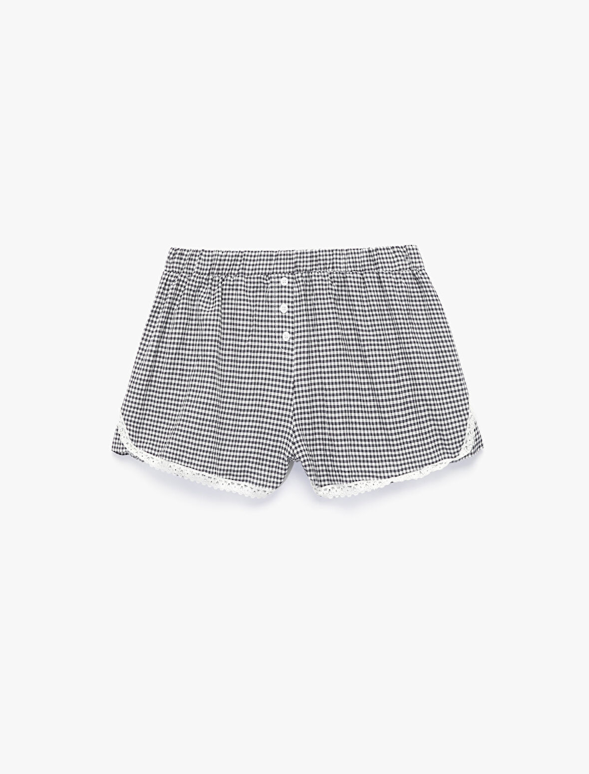 Pamuklu Rahat Kalıp Düğmeli Paçası Dantelli Beli Lastikli Pötikareli Şort Pijama Altı