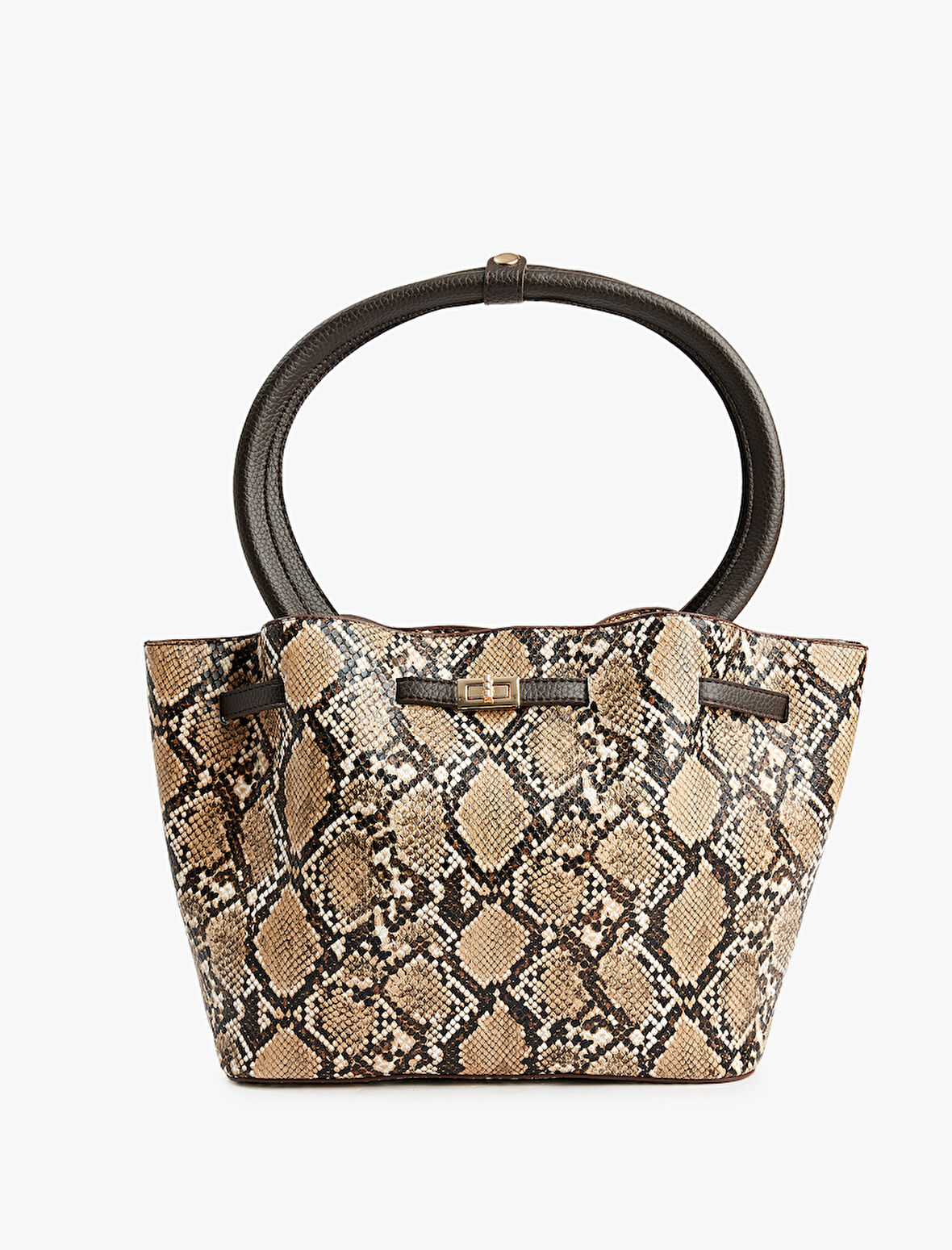 Saplı Metal Tokalı Yılan Derisi Desenli Tote Çanta