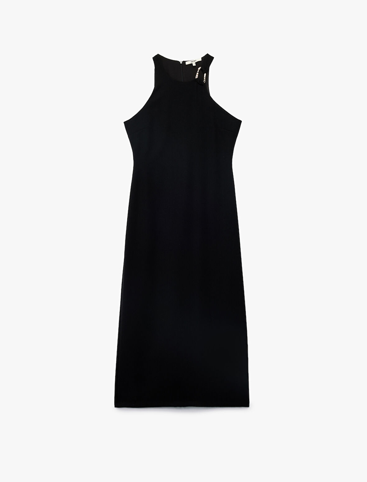 Krep Kumaş Aksesuar Detaylı Kolsuz Halter Yaka Uzun Elbise