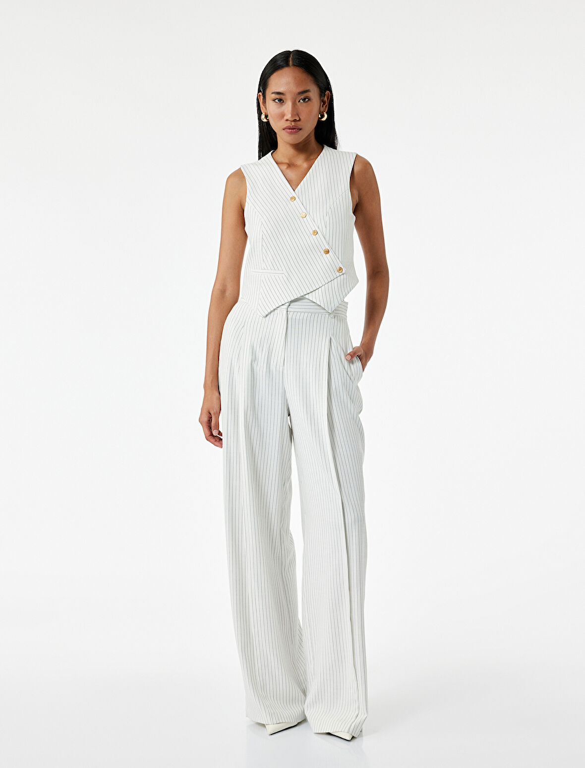 Cepli Pile Detaylı Çizgili Yüksek Bel Palazzo Pantolon