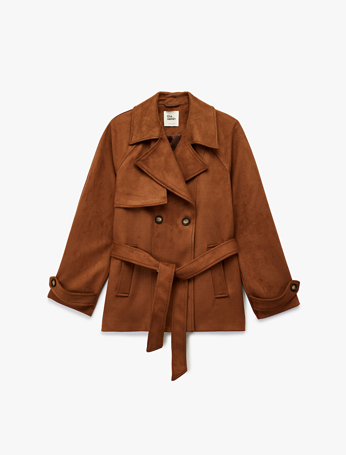 Kruvaze Yaka Cep Detaylı Kemerli Uzun Kollu Suni Süet Trençkot