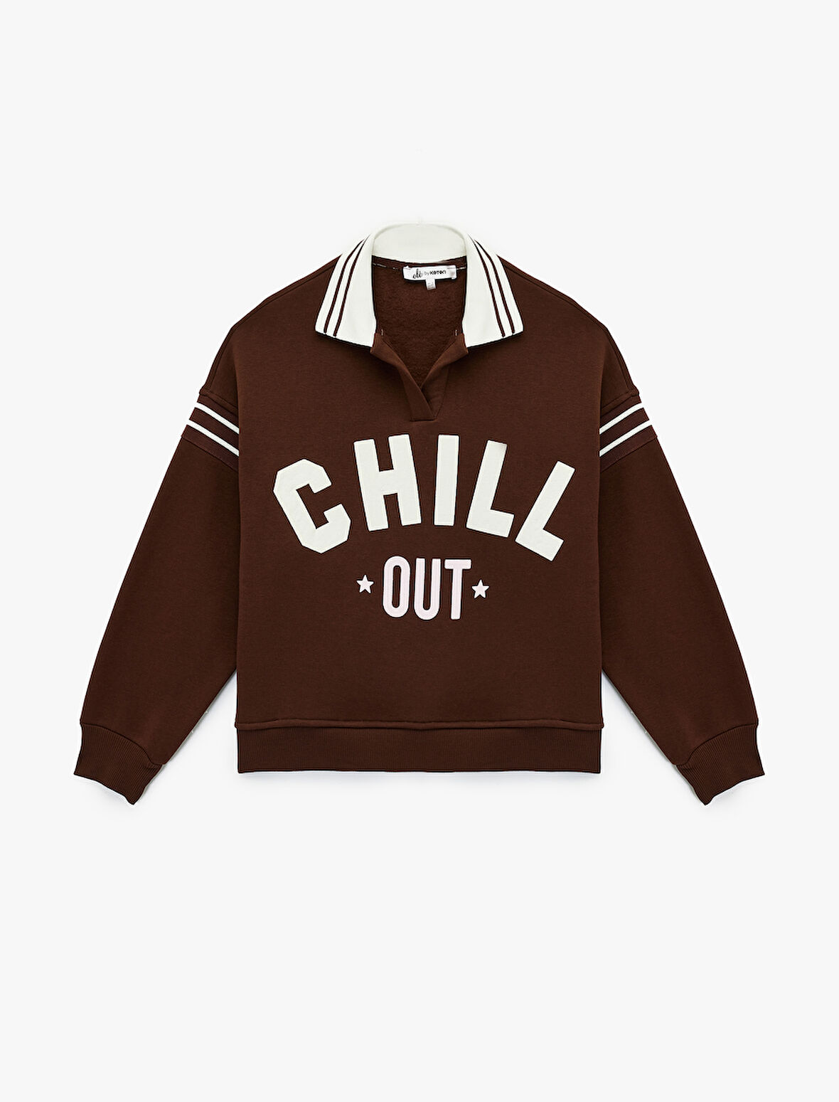 Üç İplik Şardonlu Uzun Kollu Baskılı Biyeli Oversize Polo Yaka Sweatshirt
