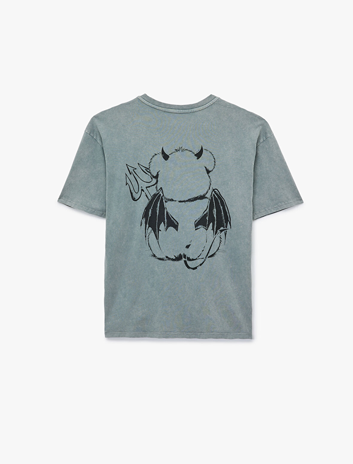 Kısa Kollu Yıkamalı Bisiklet Yaka Pamuklu Ayıcık Baskılı Oversize Tişört