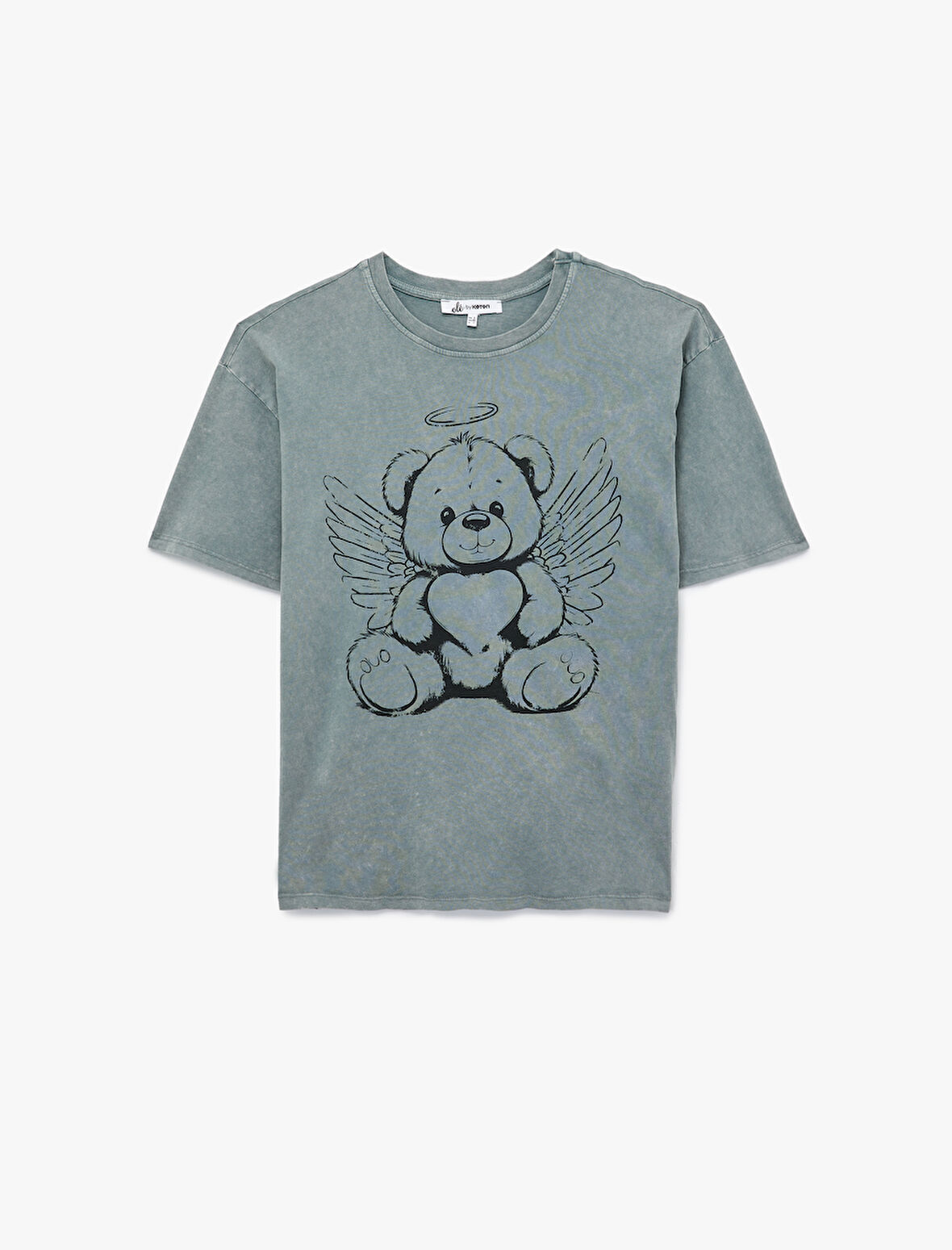 Kısa Kollu Yıkamalı Bisiklet Yaka Pamuklu Ayıcık Baskılı Oversize Tişört