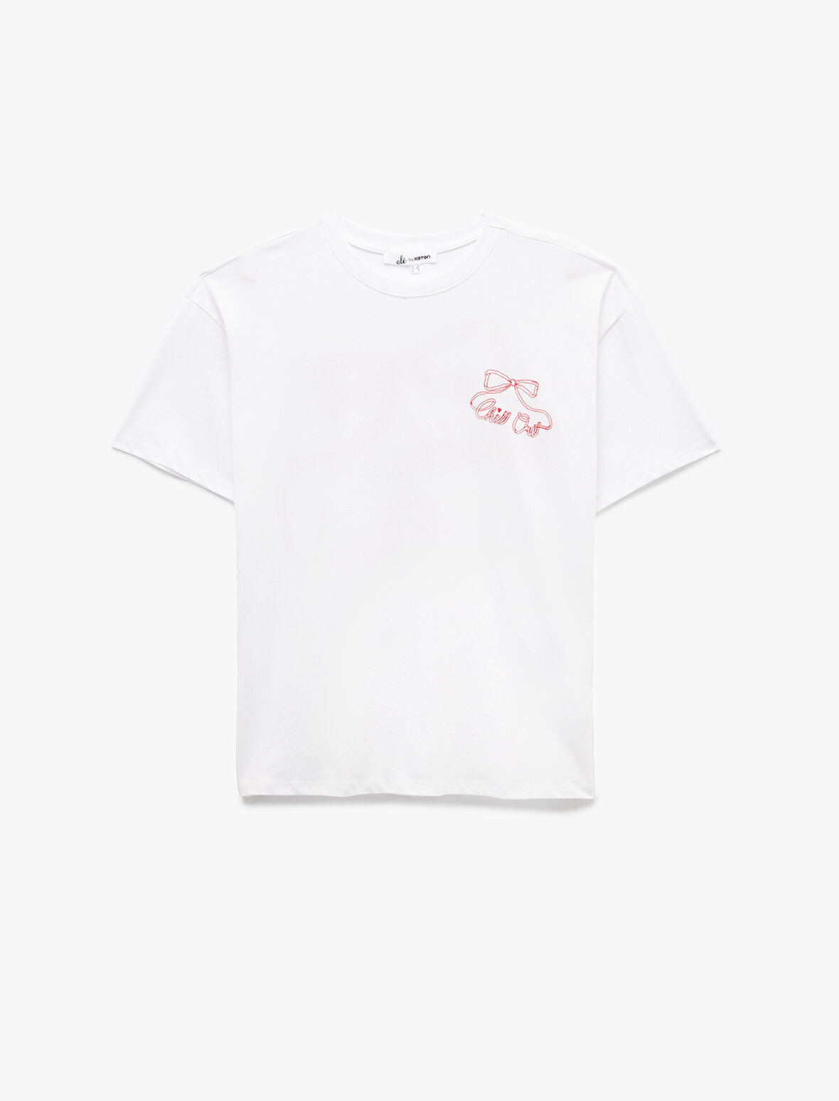 Bisiklet Yaka Kısa Kollu Pamuklu Arkası Fiyonk Baskılı Oversize Tişört