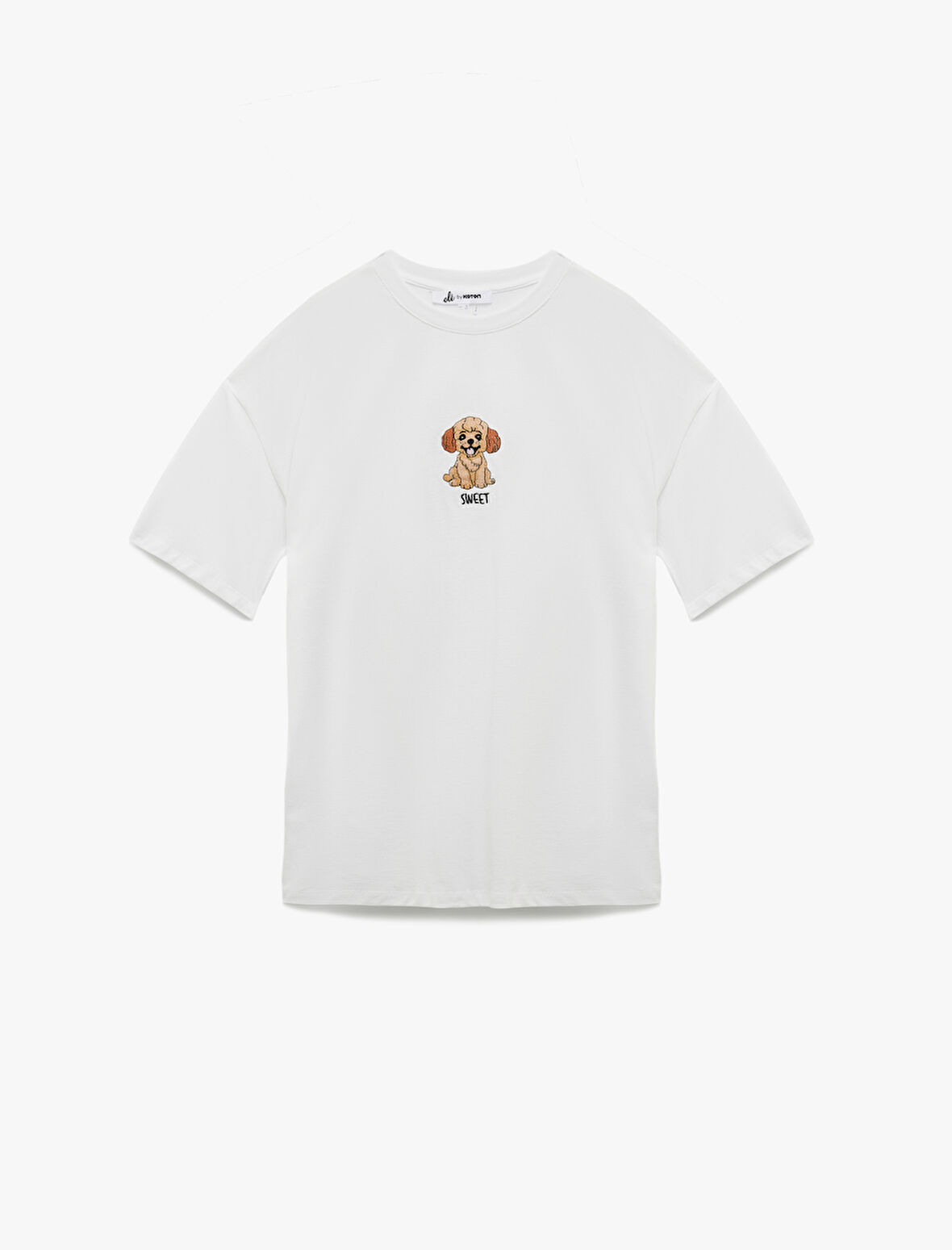 Kısa Kollu Bisiklet Yaka Köpek Nakışlı Pamuklu Tişört
