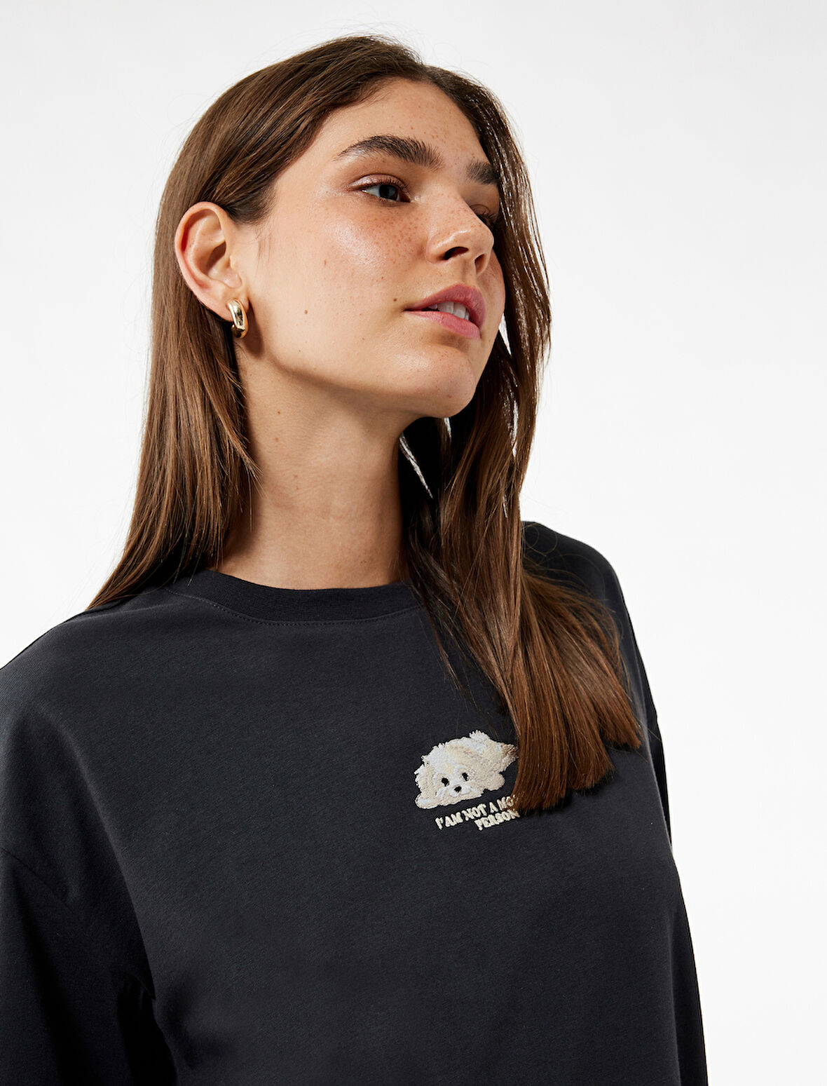 Nakış Detaylı Rahat Kalıp Bisiklet Yaka Kısa Kollu Tişört