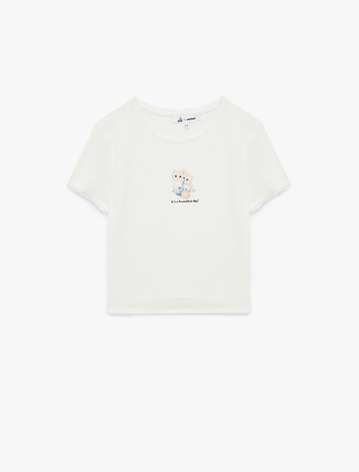 Kısa Kollu Bisiklet Yaka Pamuklu Kedi Baskılı Tişört