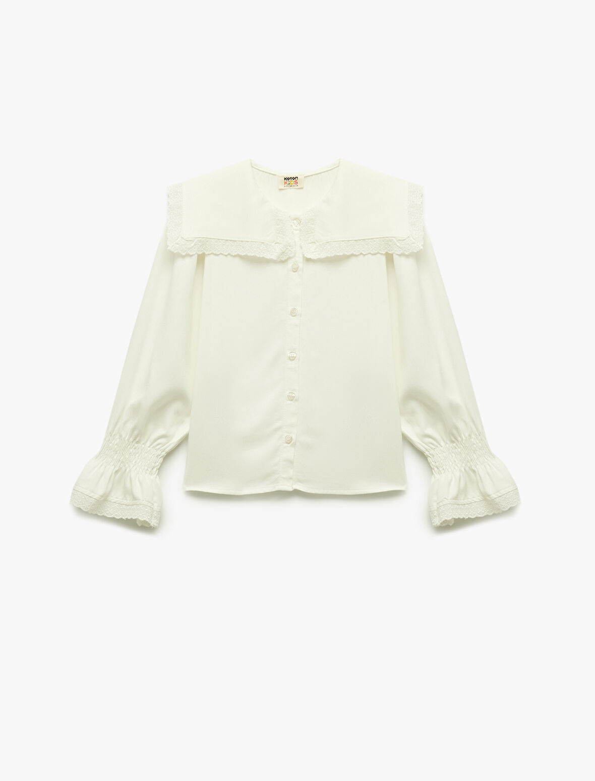 Viskon Uzun Kollu Büzgülü Oversize Düğmeli Dantel Detaylı Kare Bebe Yaka Gömlek