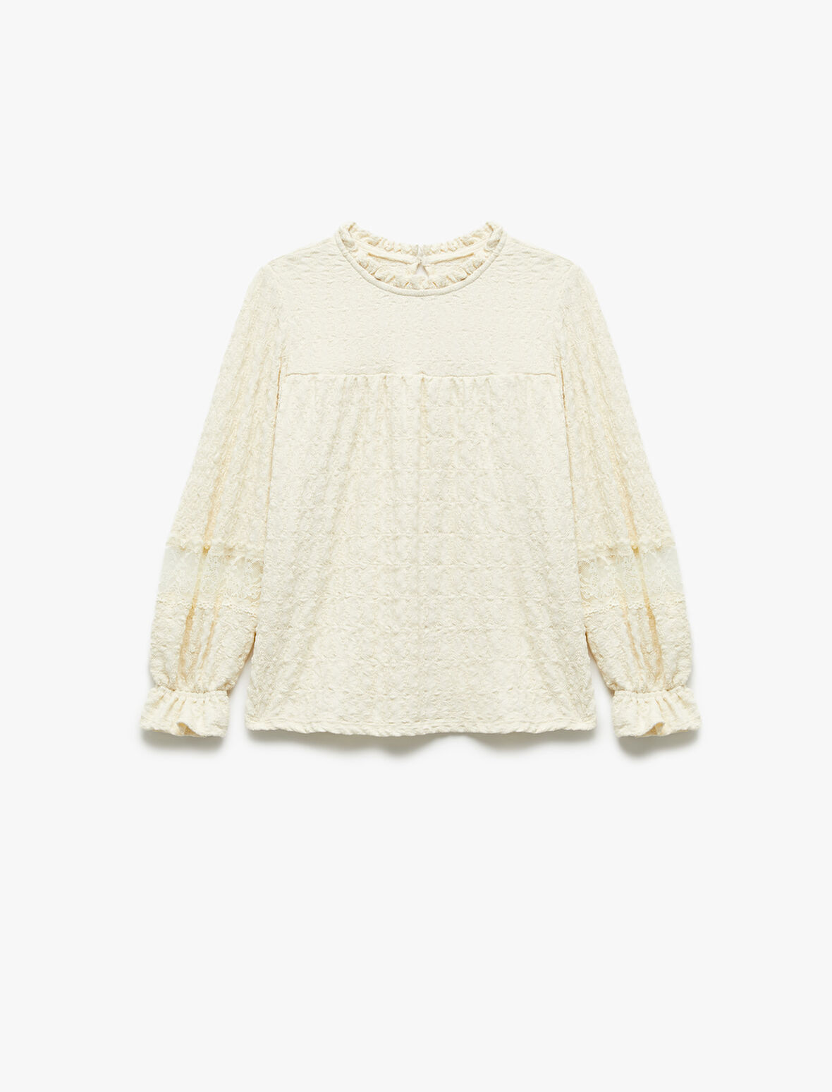 Yuvarlak Yaka Fırfırlı Uzun Kollu Dantel Detaylı Bluz