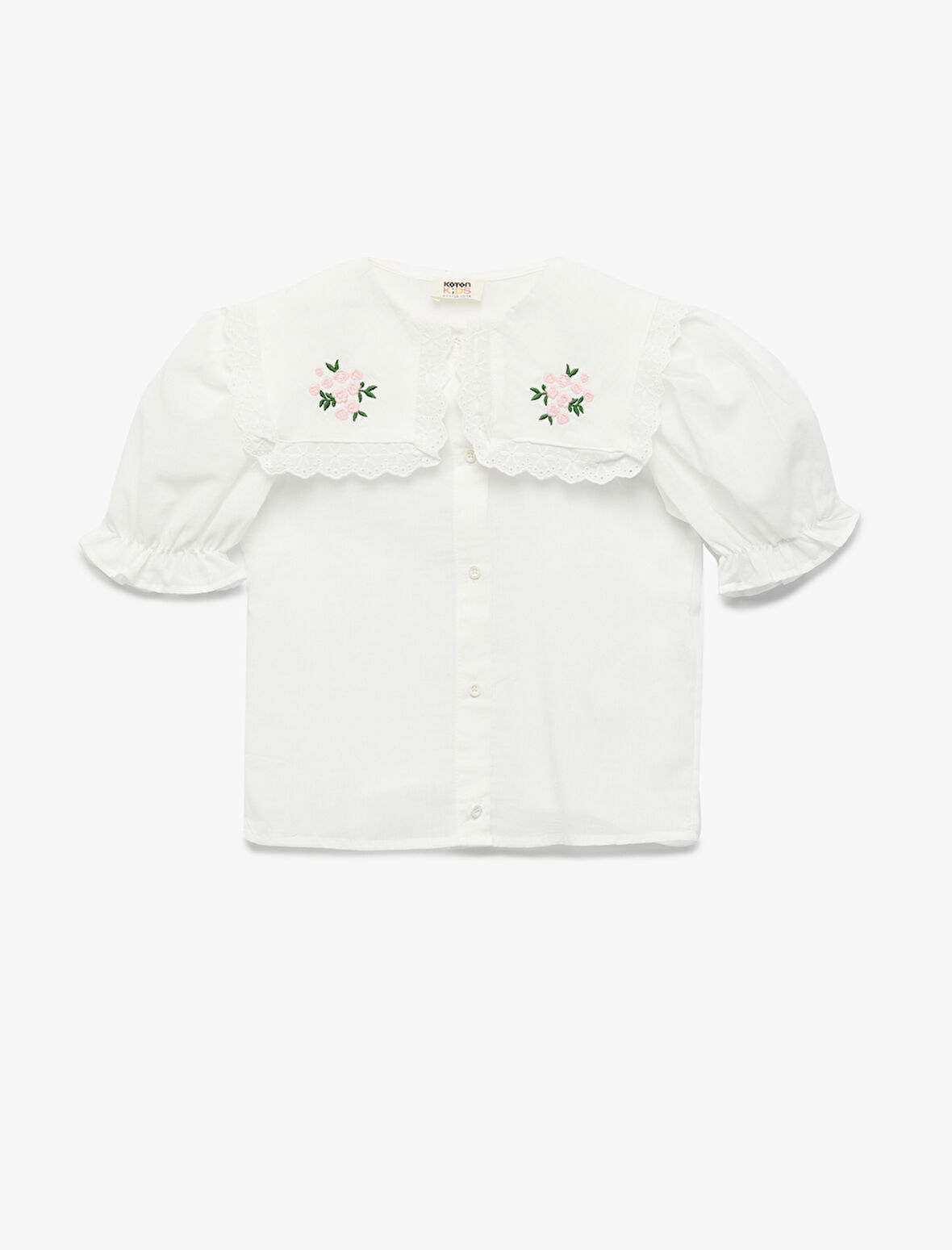 Pamuklu Çiçek İşlemeli Bebe Yaka Balon Kollu Gömlek 