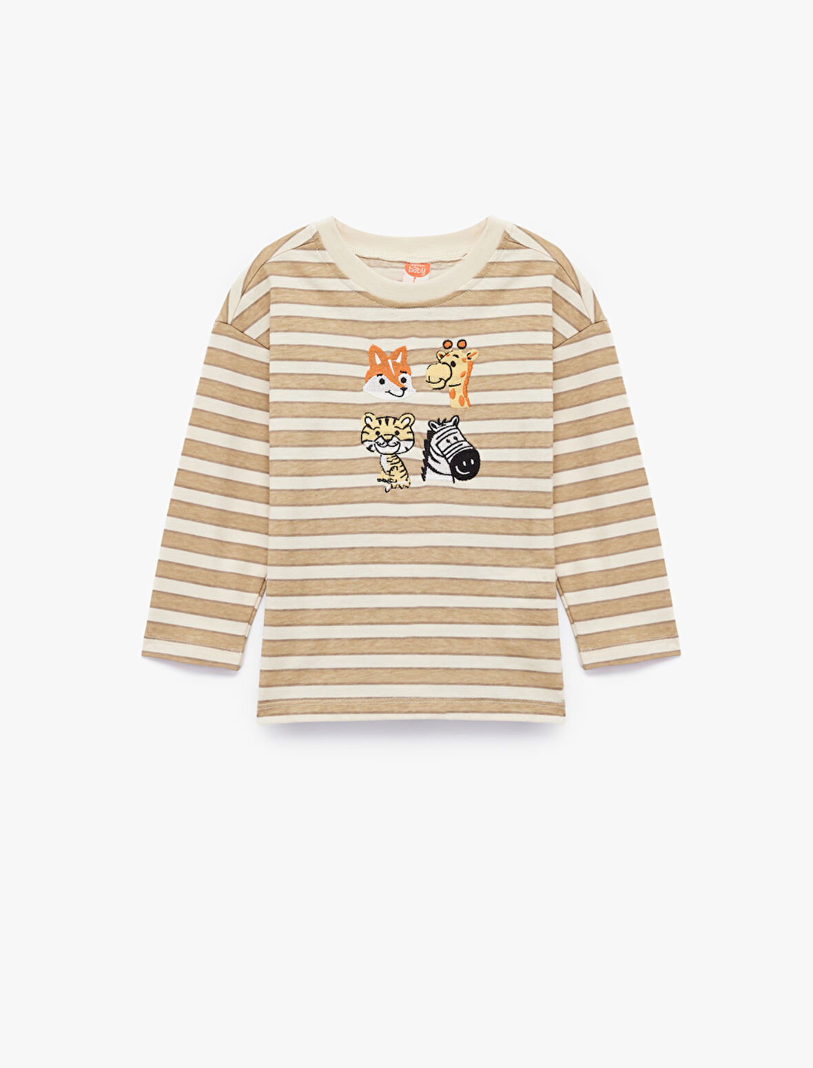 Pamuklu Uzun Kollu Bisiklet Yaka Nakış Detaylı Çizgili Tişört