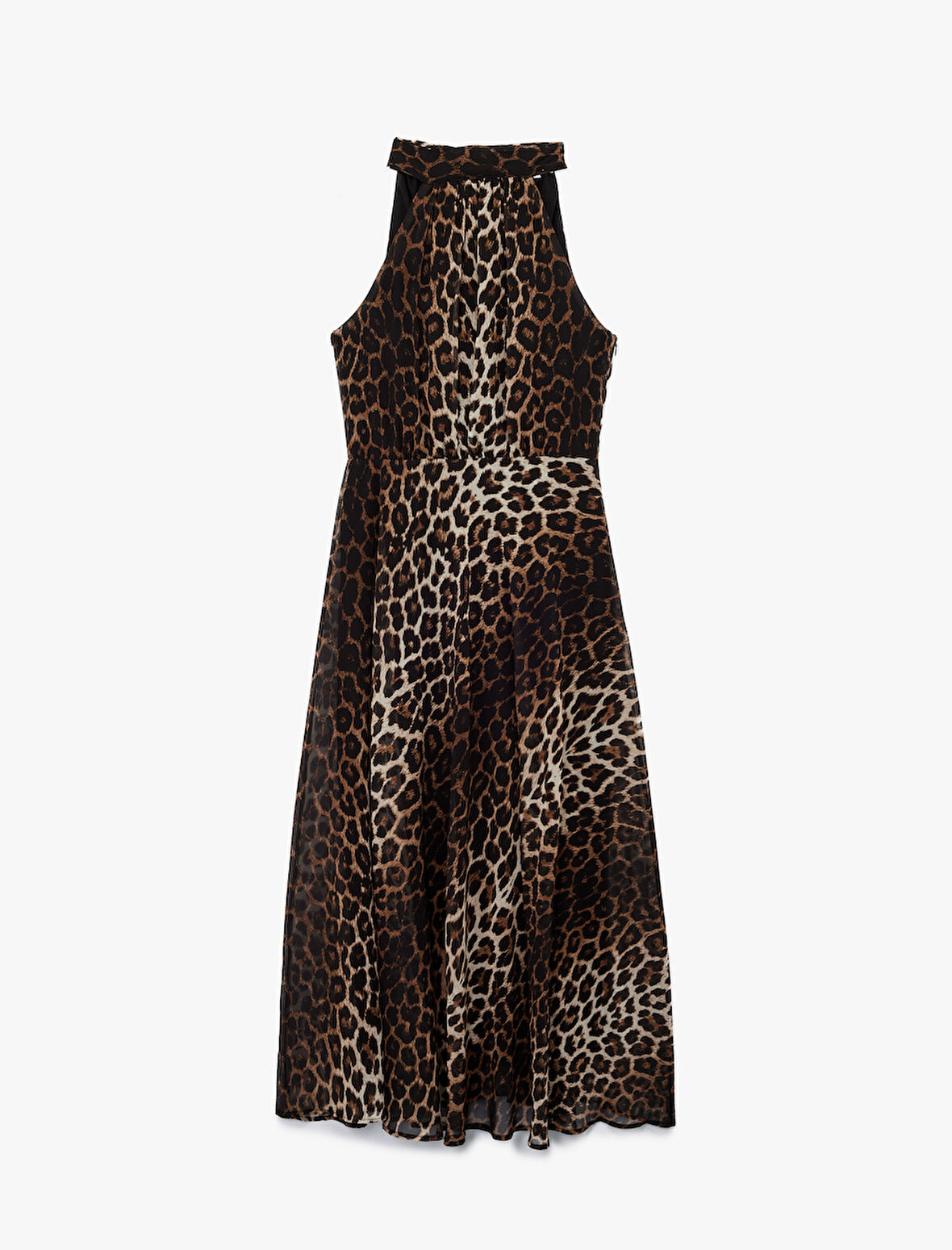 Krep Kumaş Kolsuz Halter Yaka Midi Boy Leopar Desenli Elbise