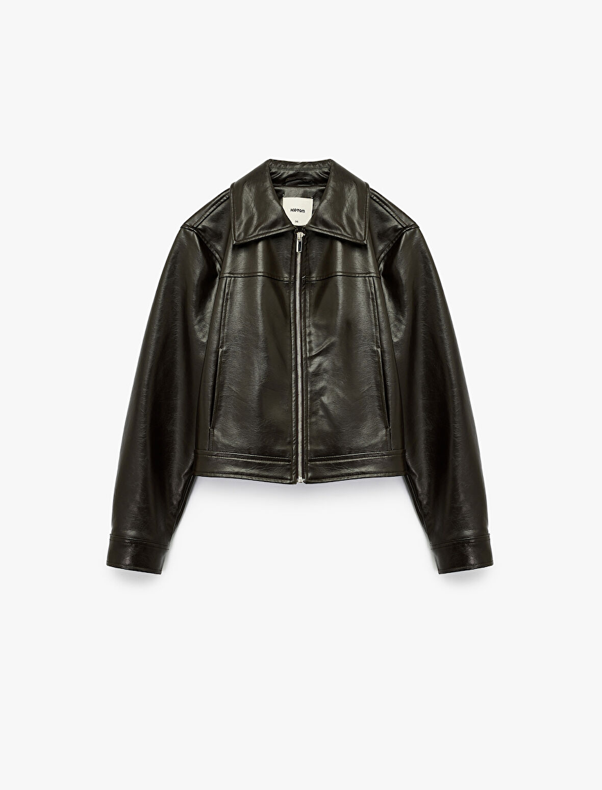 Fermuarlı Uzun Kollu Gömlek Yaka Cepli Crop Suni Deri Ceket