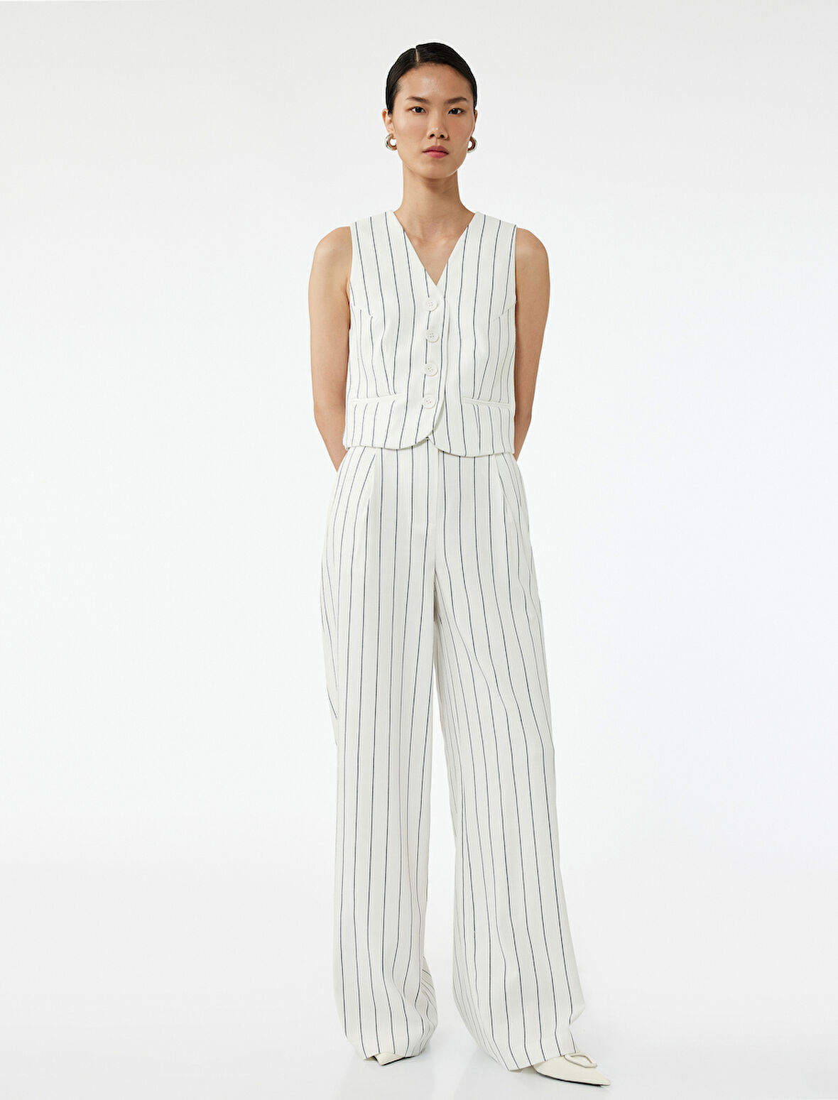 Pileli Çizgili Viskon Karışımlı Geniş Paça Pantolon