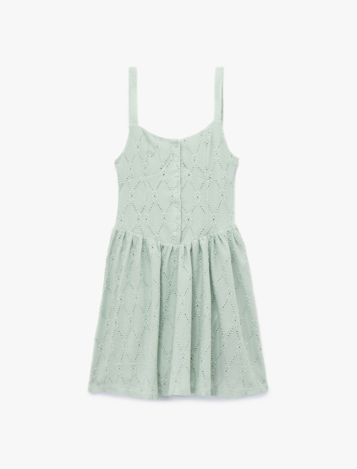 Kare Yaka Rahat Kesim Brodeli Düğmeli Askılı Mini Elbise