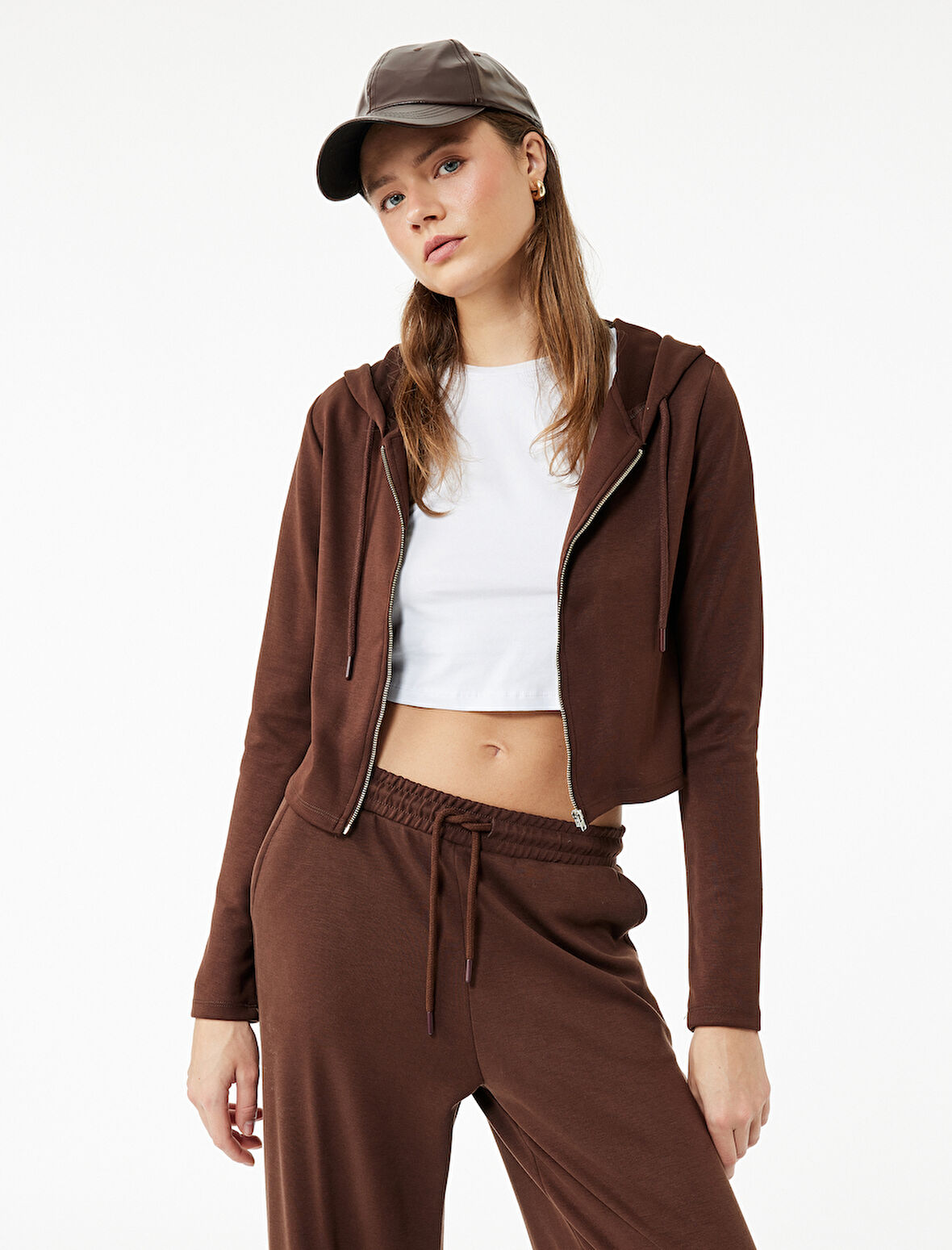 Kapüşonlu Fermuarlı Uzun Kollu Modal Karışımlı Crop Sweatshirt