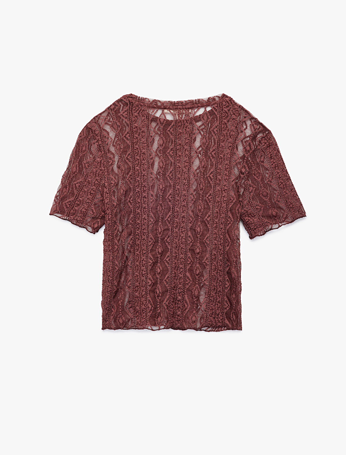 Yarı Transparan Kısa Kollu Bisiklet Yaka Dantel Tişört