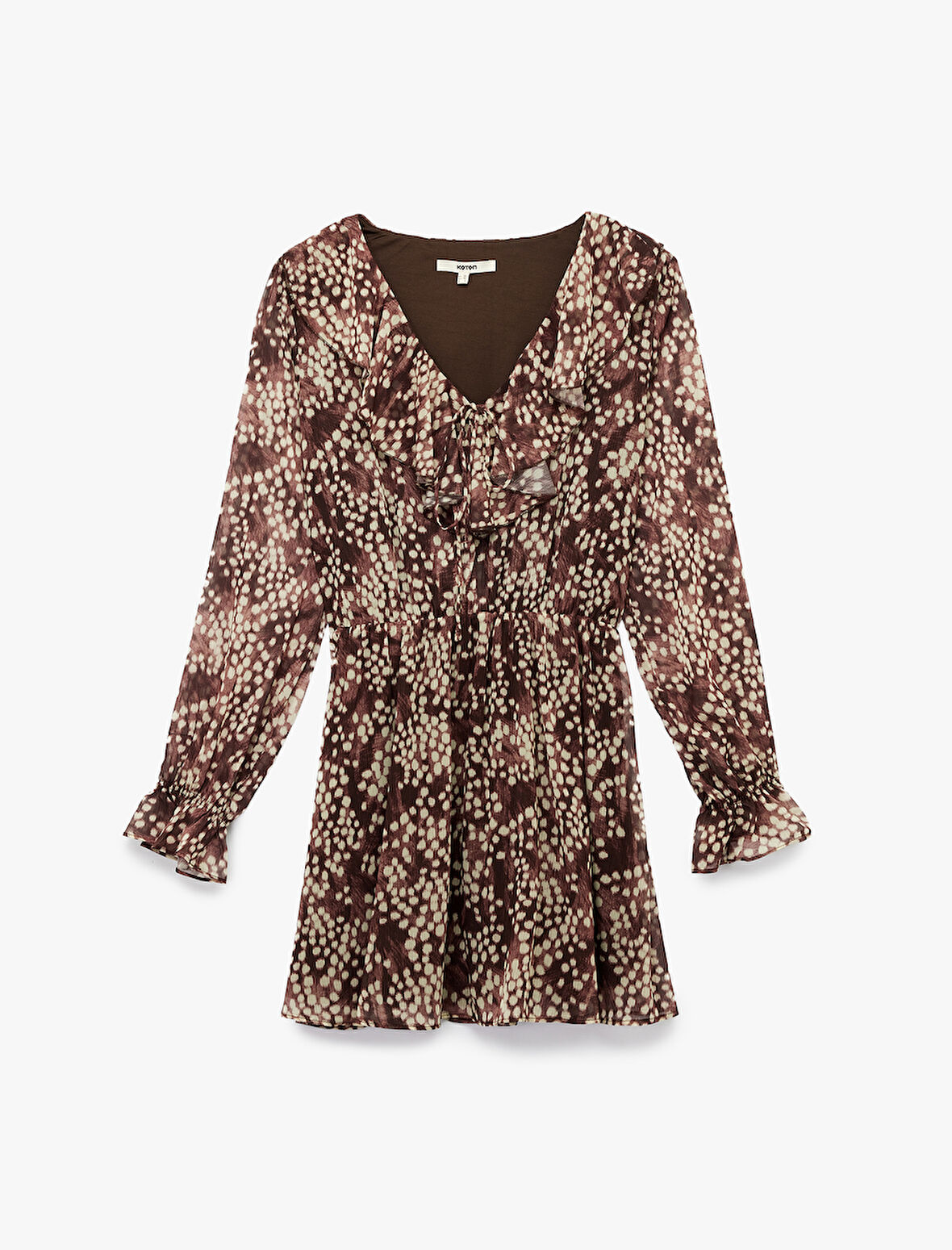 Bol Kalıp Fırfırlı V Yaka Uzun Kollu Desenli Mini Şifon Elbise