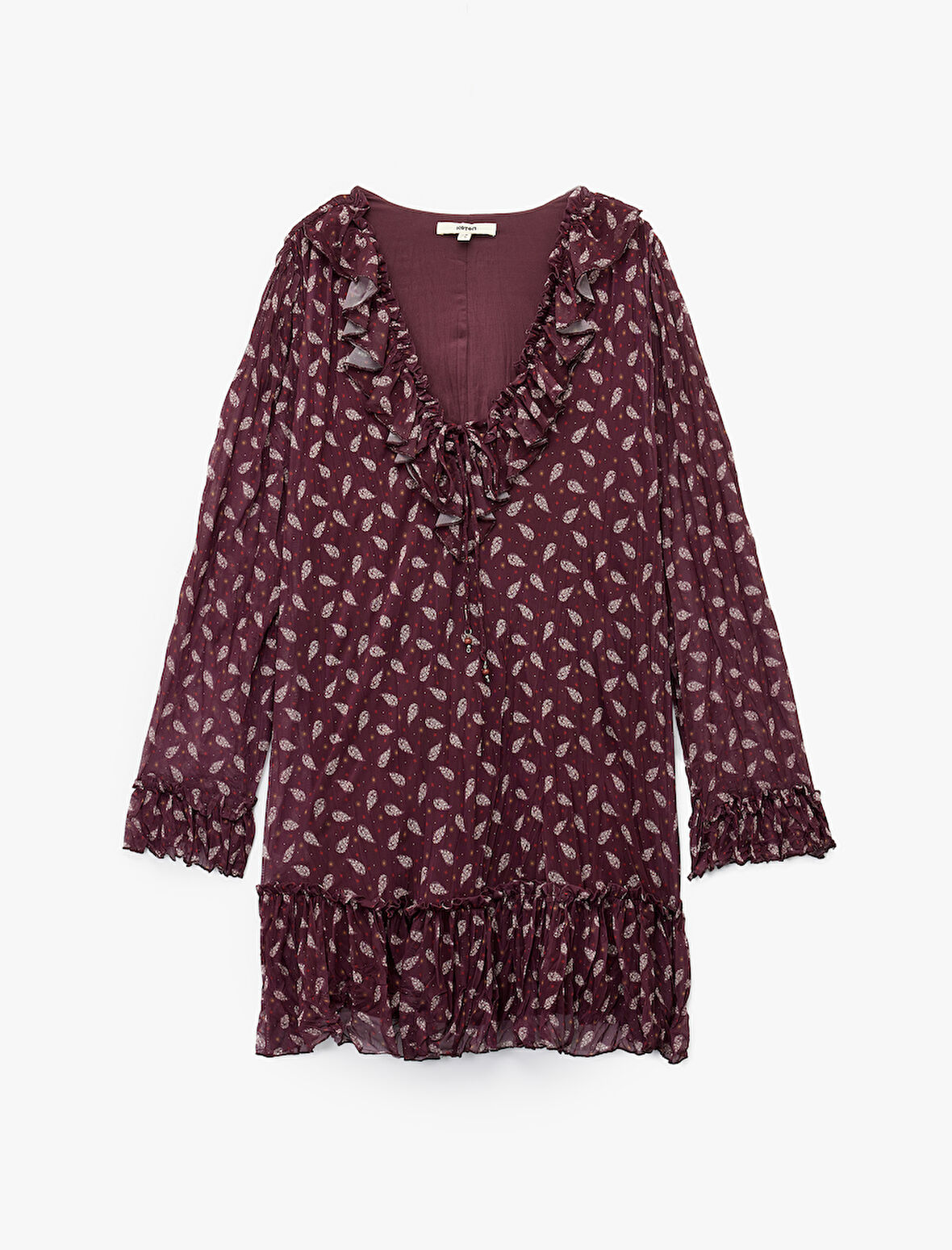 Etnik Desenli Fırfır Detaylı Uzun Kollu V Yaka Mini Elbise