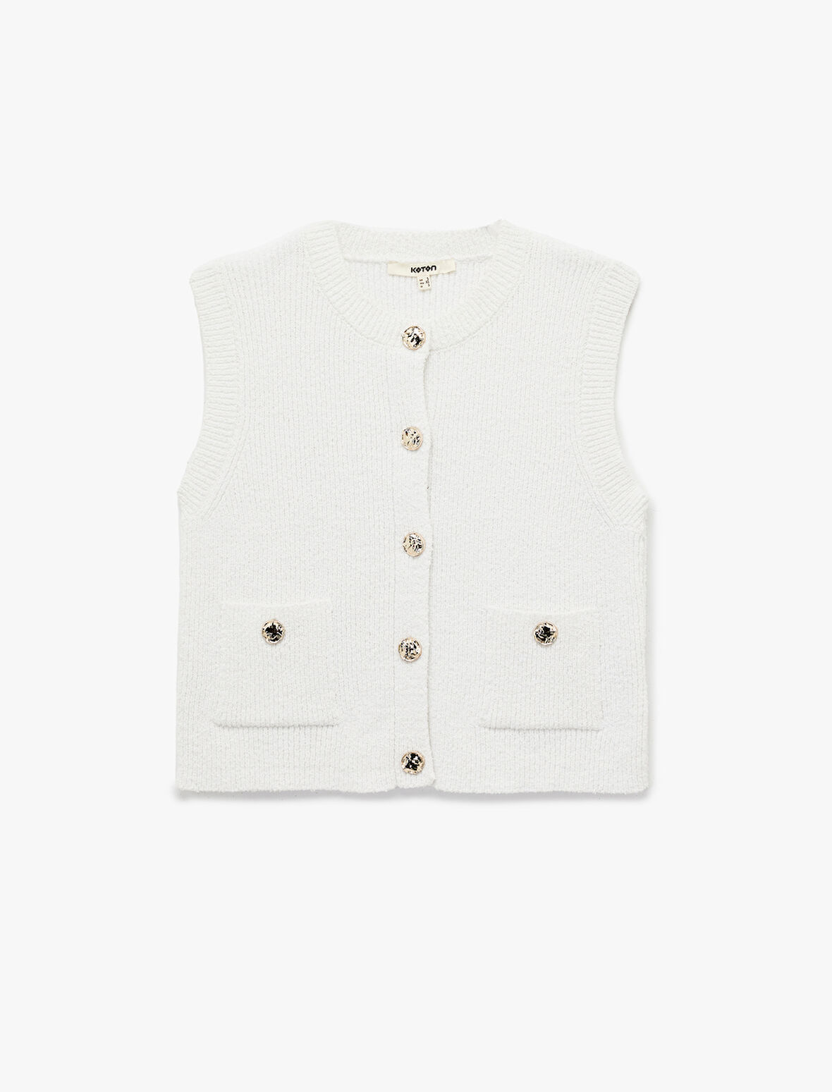 Gold Düğme Detaylı Cepli Kolsuz Bisiklet Yaka Triko Yelek