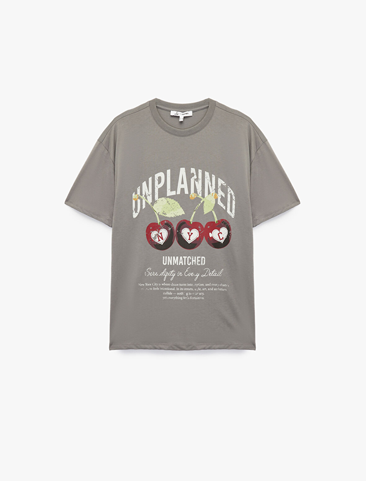 Kısa Kollu Bisiklet Yaka Kiraz Baskılı Oversize Tişört