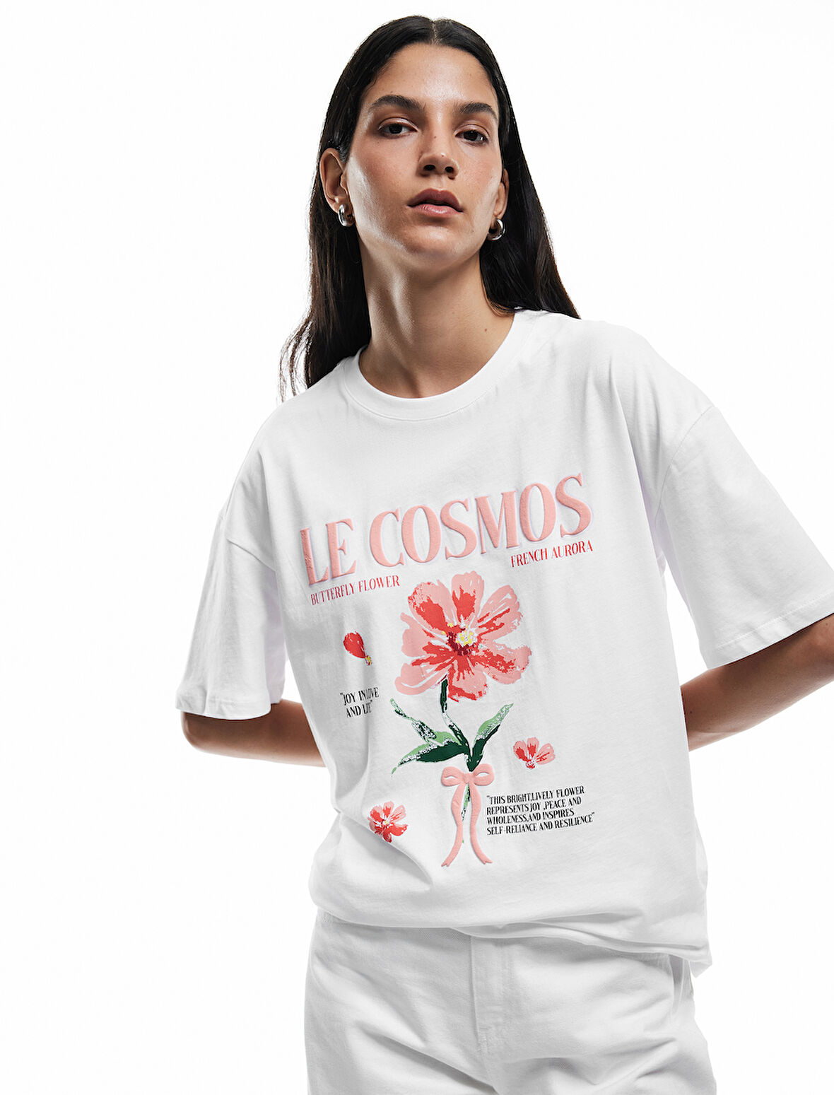 Pamuklu Kısa Kollu Bisiklet Yaka Fiyonklu Hibiskus Baskılı Tişört