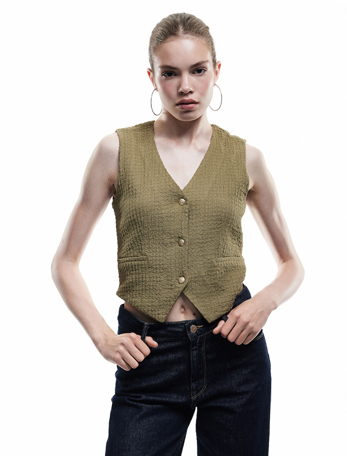 Düğmeli V Yaka Dar Kesim Fleto Cepli Kolsuz Yelek