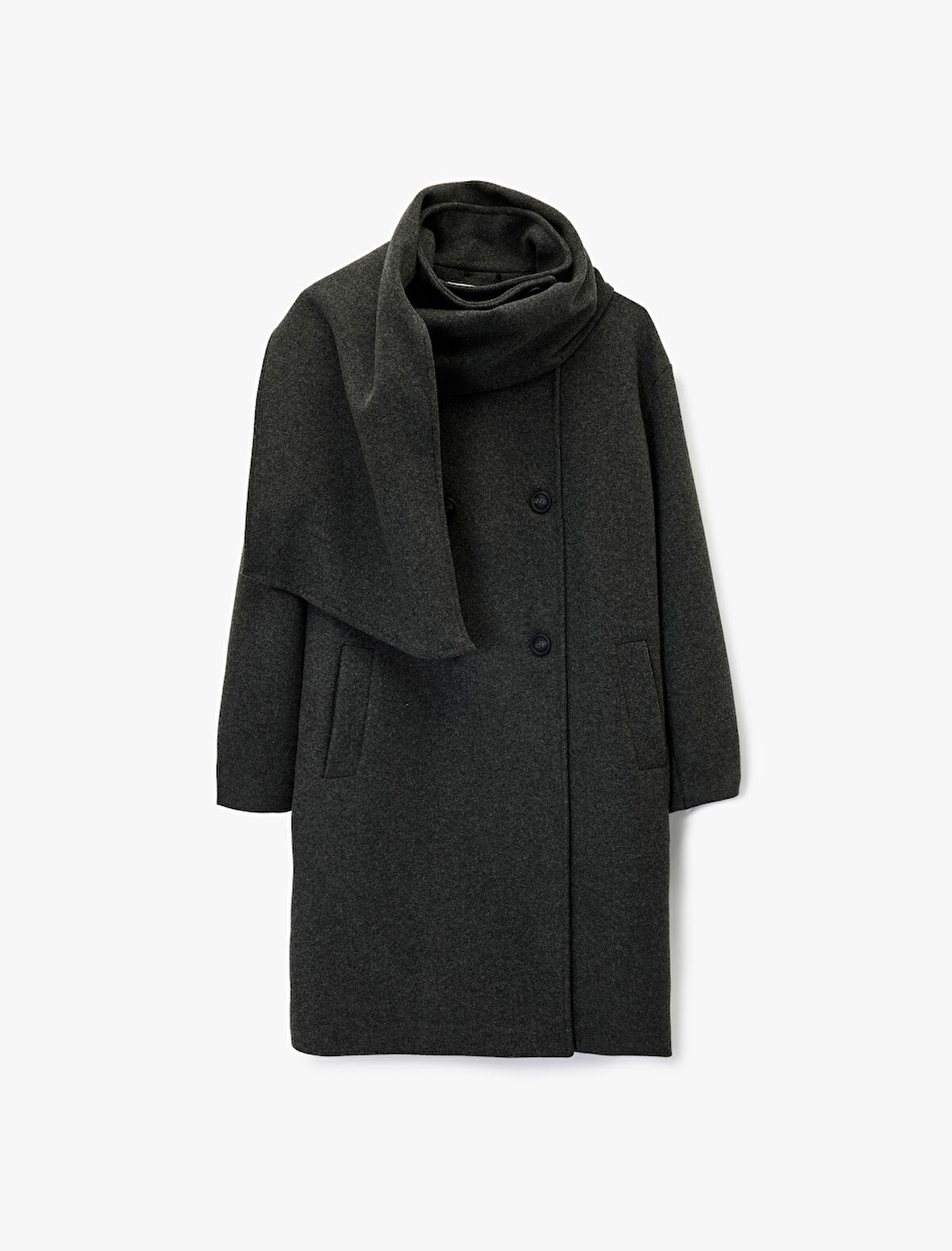 Uzun Kollu Cepli Düğmeli Kruvaze Atkılı Kaşe Kaban