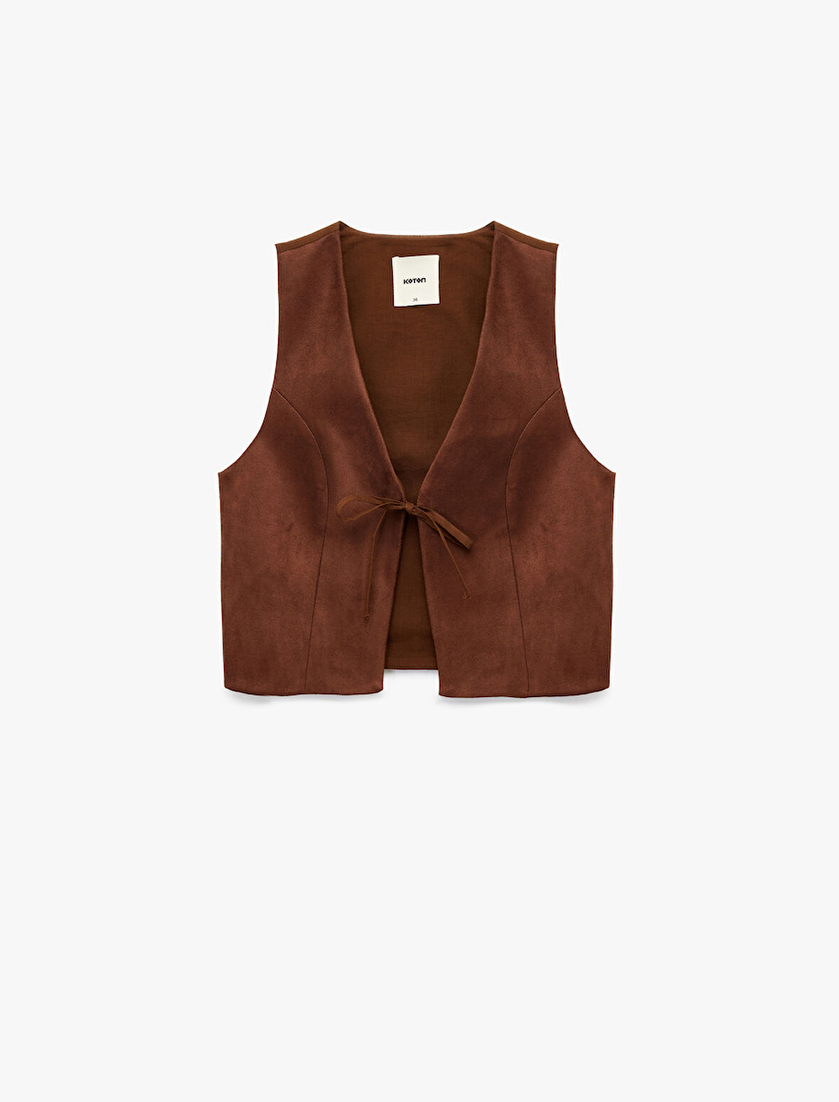 Slim Fit V Yaka Bağlama Detaylı Crop Suni Süet Yelek