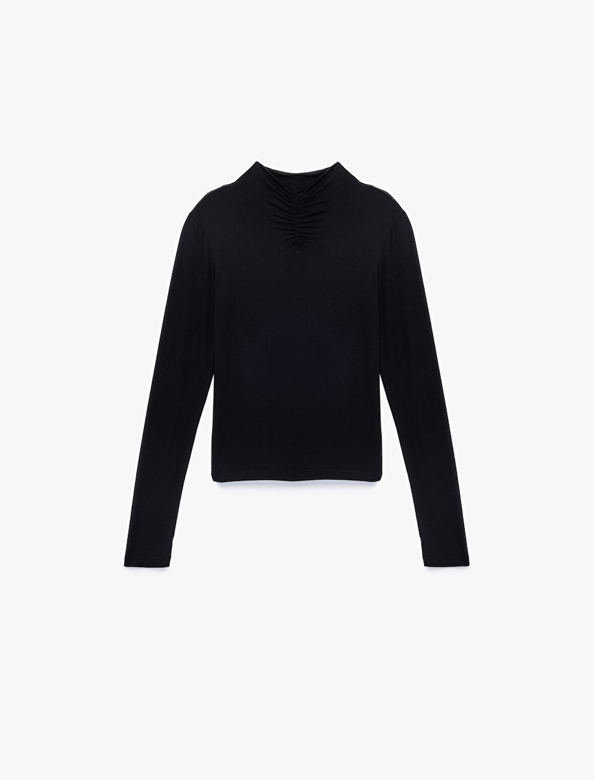 Slim Fit Uzun Kollu Drape Detaylı Dik Yaka Tişört