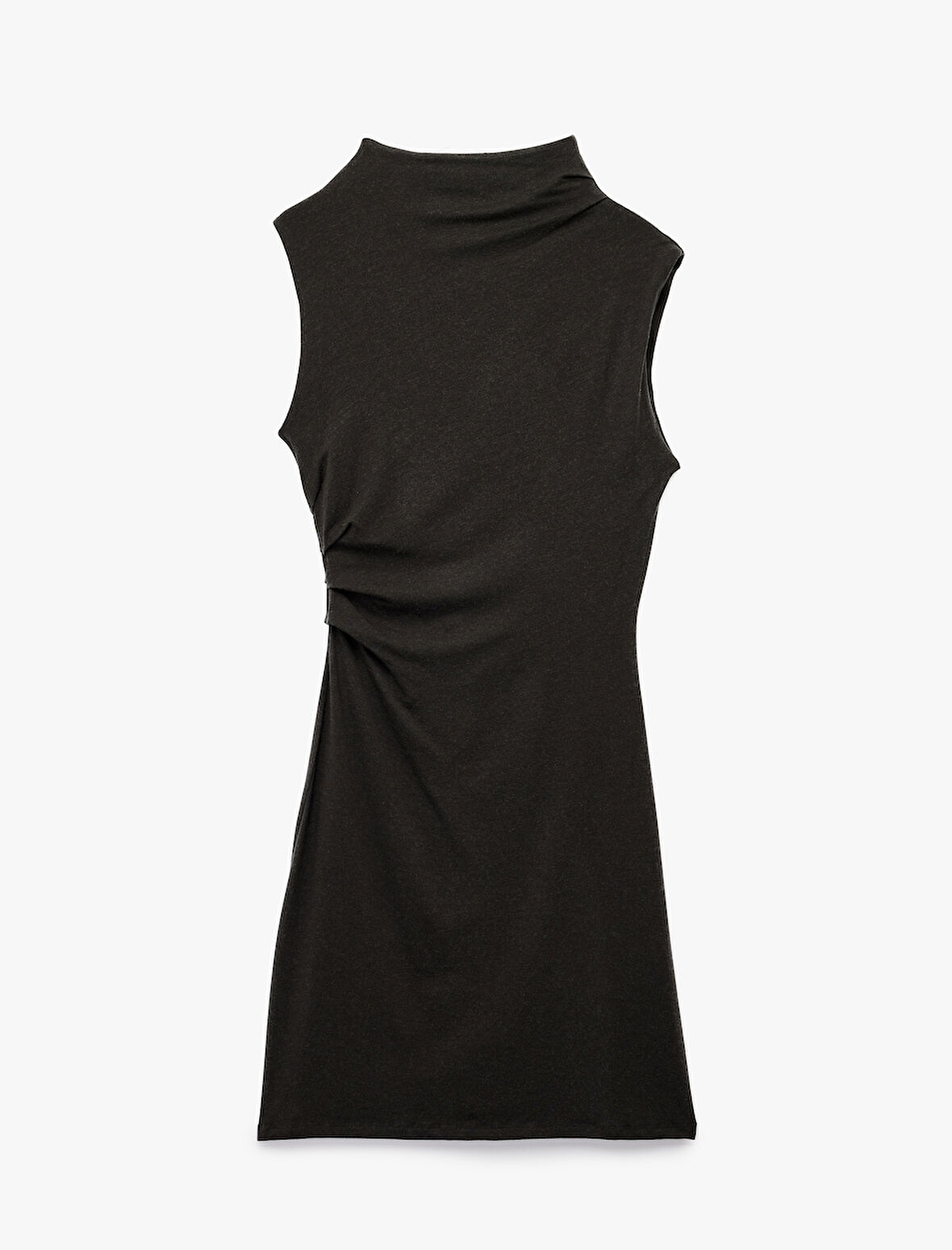 Slim Fit Drape Detaylı Dik Yaka Kolsuz Mini Kalem Elbise