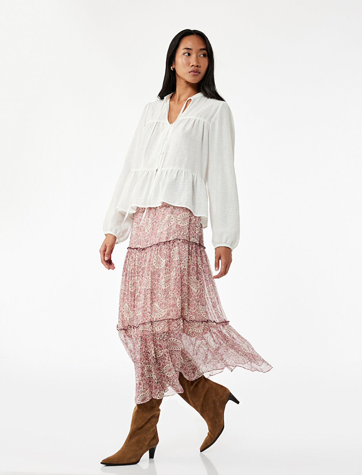 Astarlı Etnik Desenli Beli Lastikli Fırfırlı Midi Şifon Etek