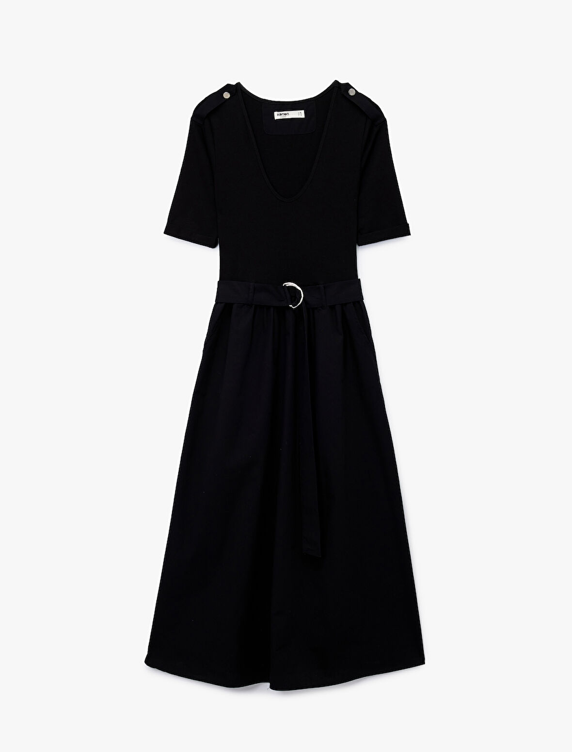 U Yaka Kısa Kollu Kemer Detaylı A Kesim Uzun Elbise