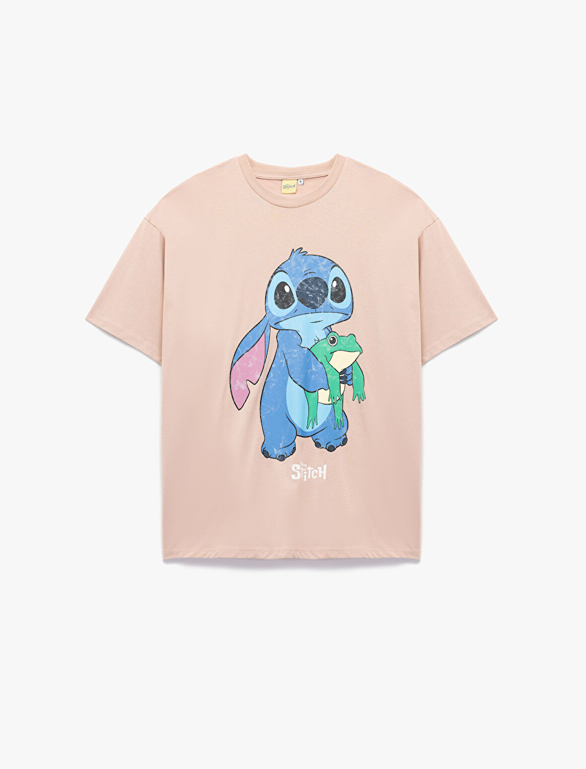 Stitch Lisanslı Kısa Kollu Bisiklet Yaka Baskılı Oversize Tişört