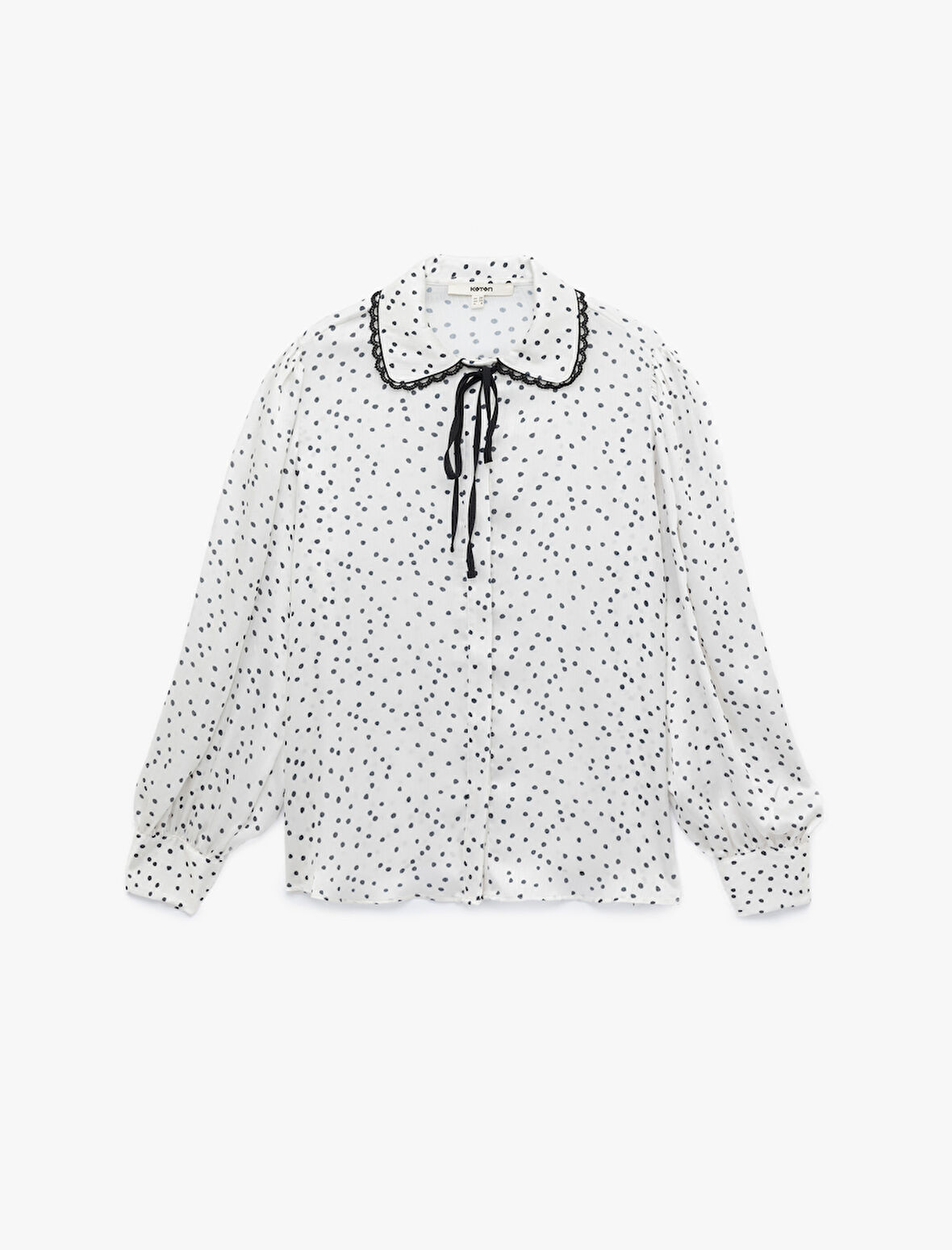 Uzun Kollu Bağlama Yaka Detaylı Puantiyeli Şifon Gömlek