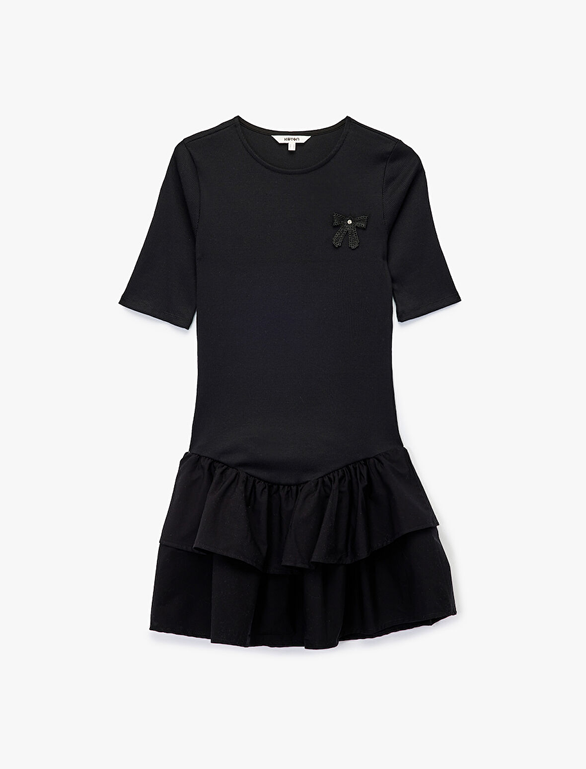 Pamuklu Kaşkorse Fiyonk Broş Detaylı Kısa Kollu Bisiklet Yaka Fırfırlı Mini Elbise