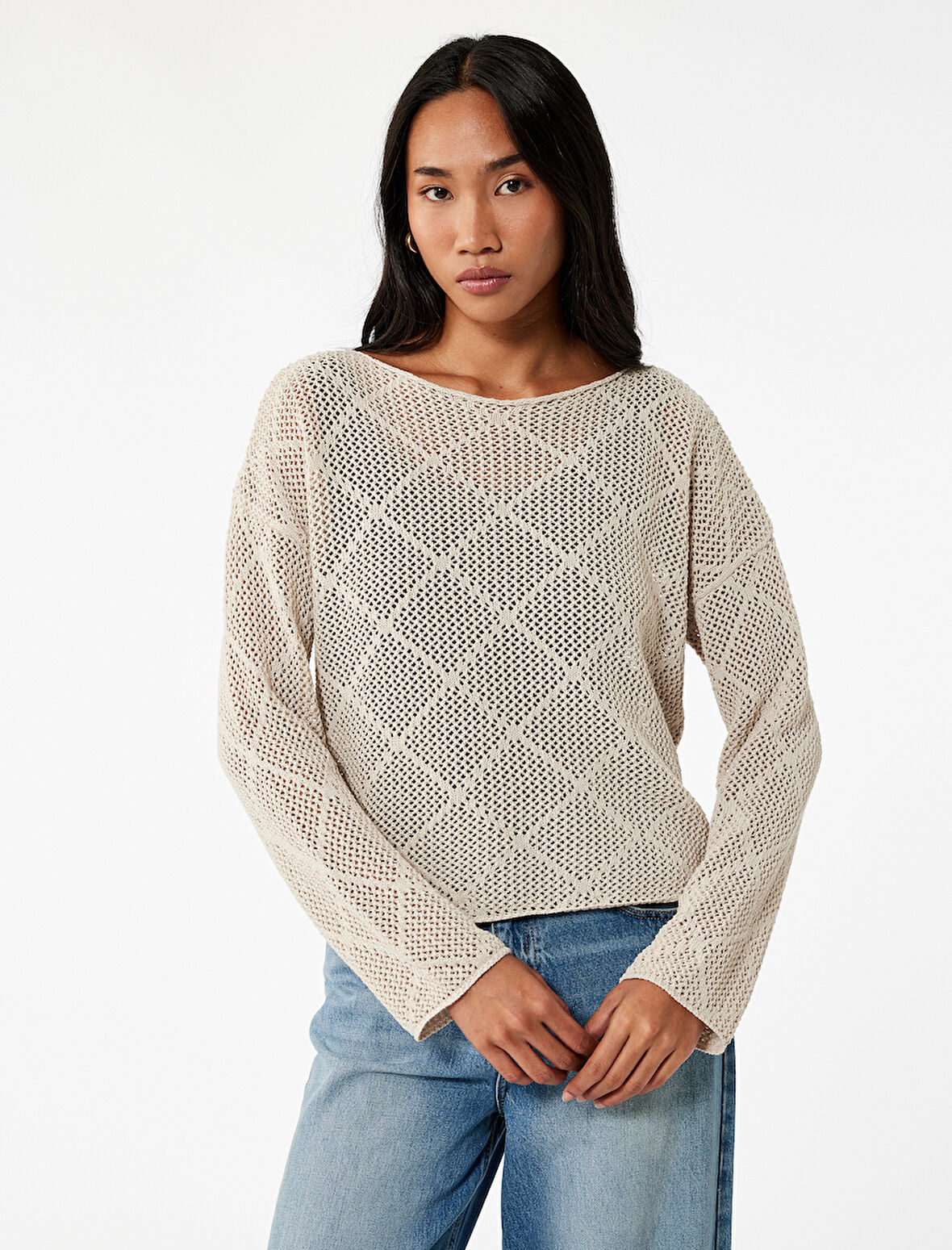 Kayık Yaka Uzun Kollu Triko Ajurlu Kazak