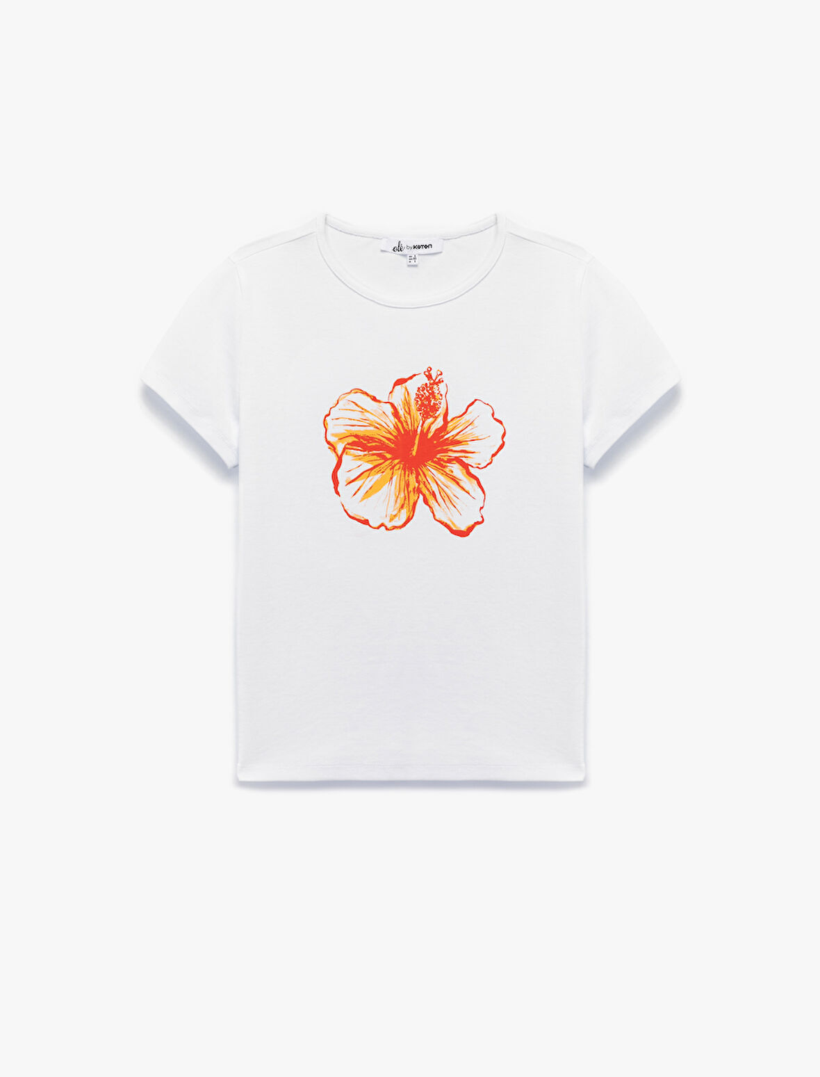 Slim Fit Kısa Kollu Bisiklet Yaka Pamuklu Hibiskus Baskılı Tişört