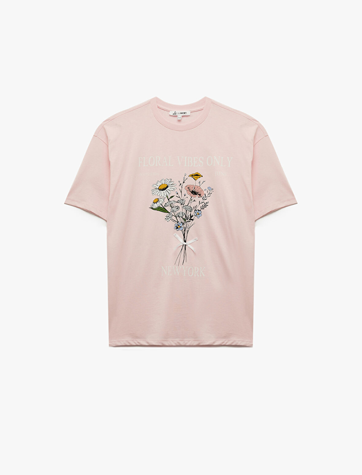 Rahat Kalıp Kısa Kollu Bisiklet Yaka Pamuklu Çiçek Baskılı Tişört