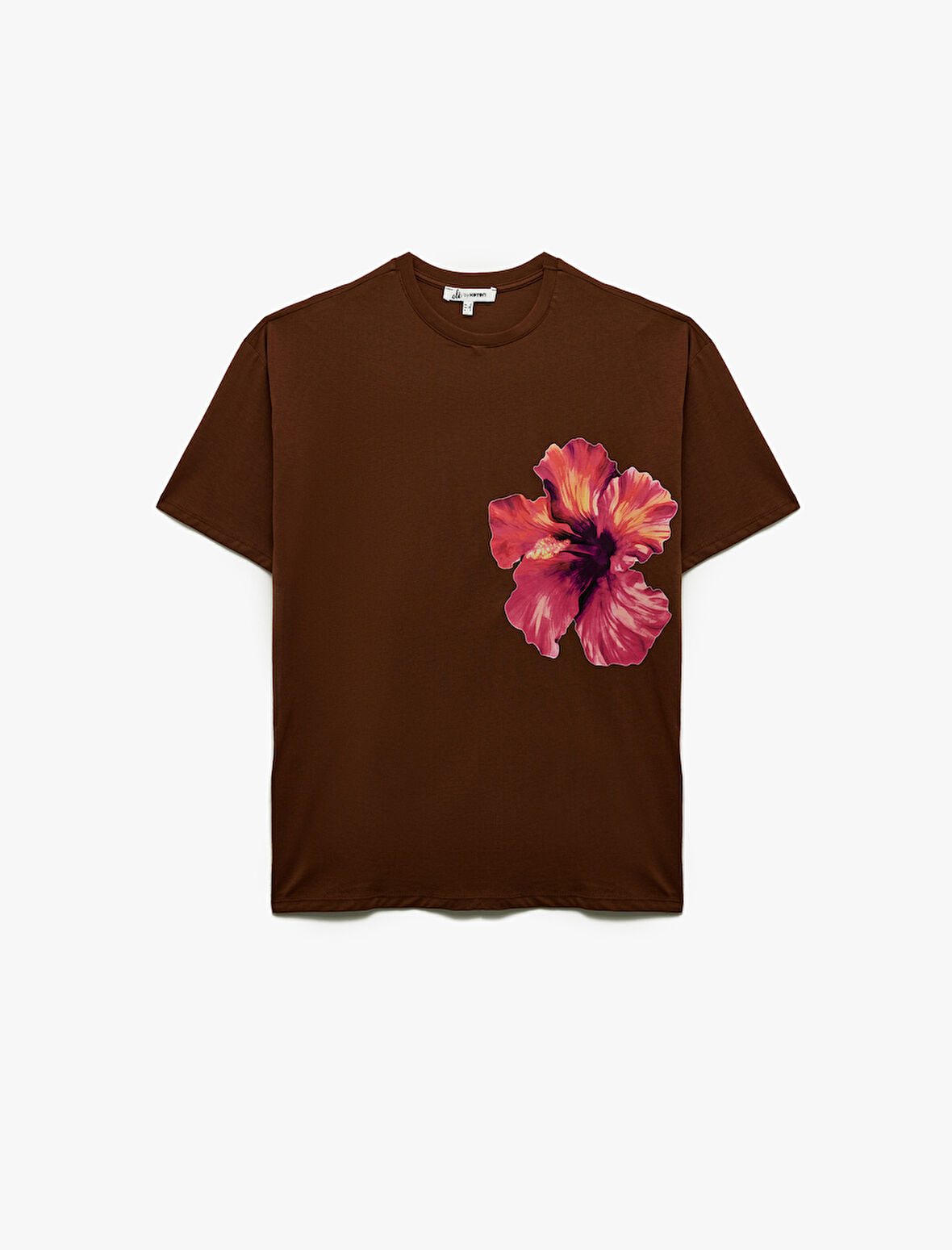 Kısa Kollu Bisiklet Yaka Rahat Kalıp Pamuklu Hibiskus Baskılı Tişört