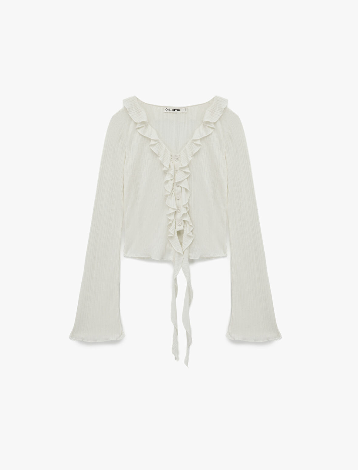 Viskon Karışımlı Fırfır Detaylı Düğmeli V Yaka Slim Fit Uzun Kollu Tişört