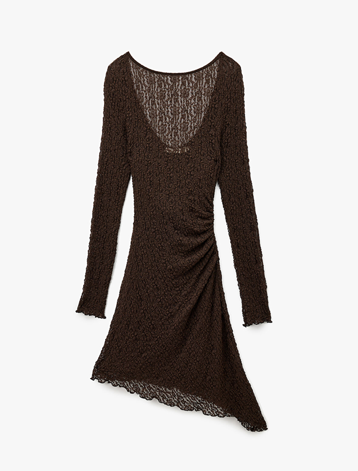 Slim Fit Drapeli Uzun Kollu Derin U Yaka Asimetrik Kesim Dantel Elbise