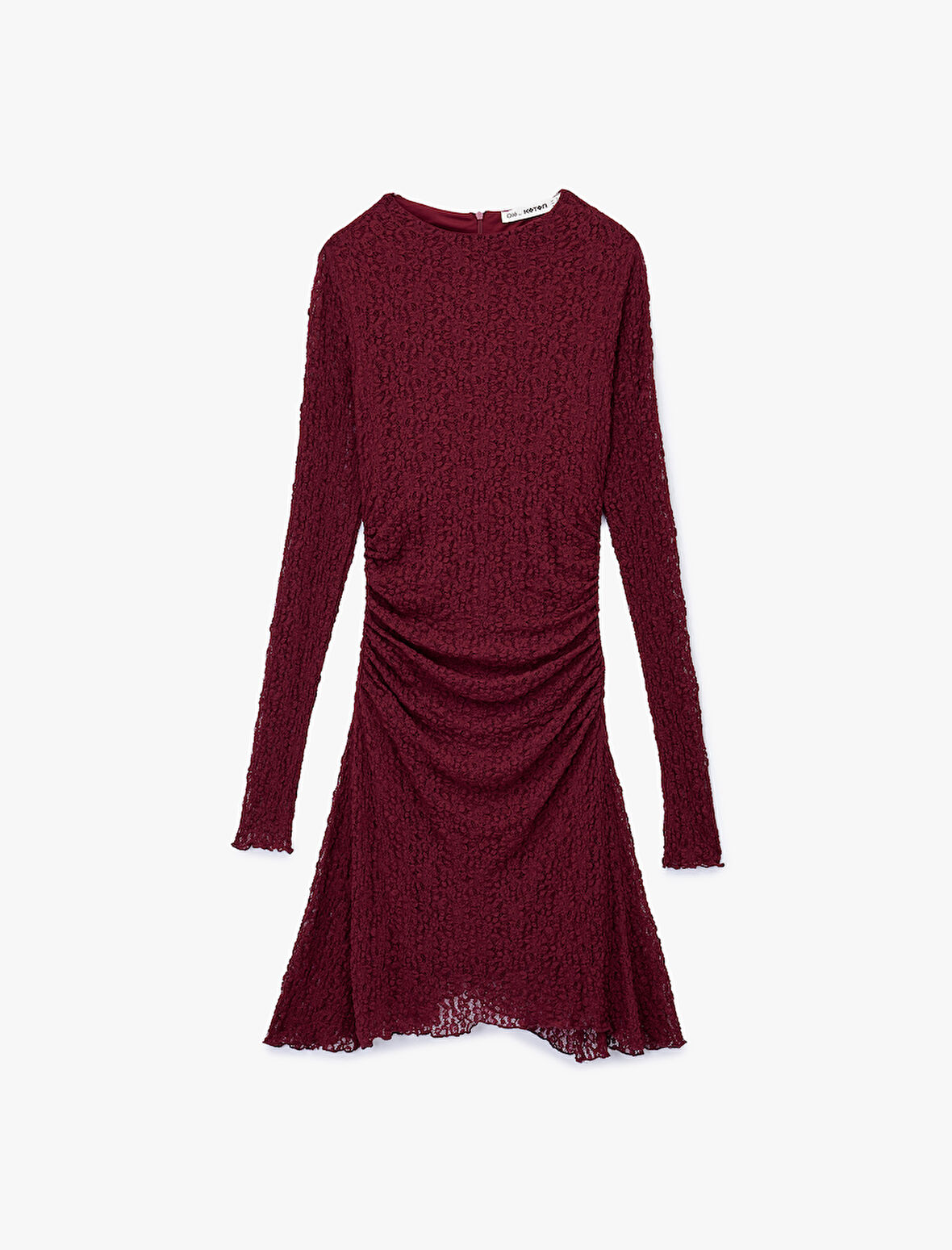 Drape Detaylı Asimetrik Uzun Kollu Bisiklet Yaka Mini Dantel Elbise